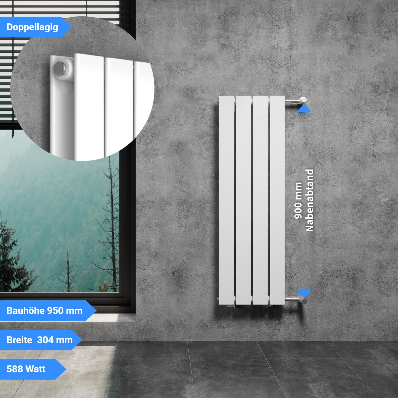 WITEN&NOCK Radiateur design plat - Blanc - 300 x 950 mm - Double couche avec raccord latéral - Écart entre les moyeux : 900 mm - Avec valves thermostatiques