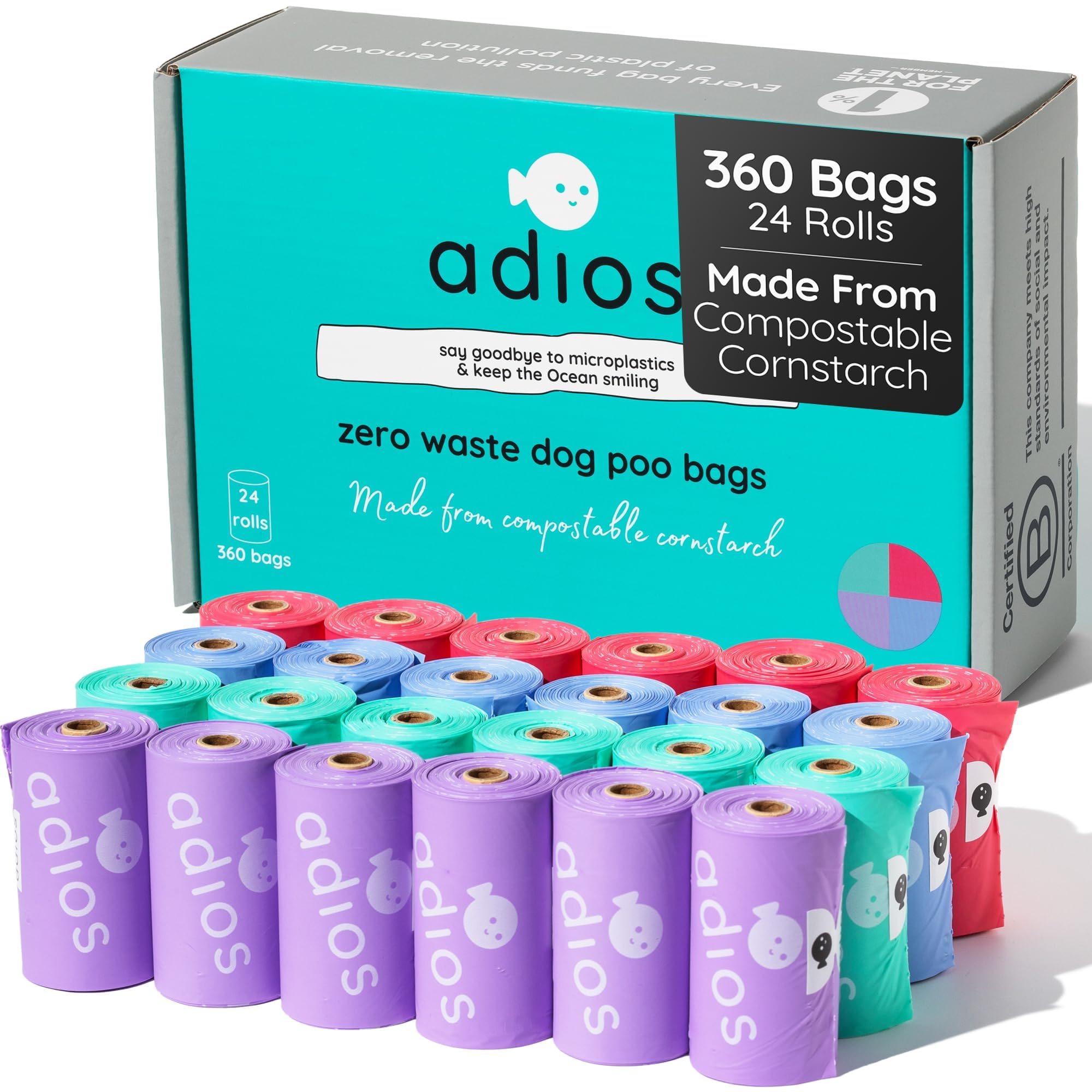 Adios - Bolsas compostables para excrementos de perro, 360 unidades (24 rollos), colores arcoíris, extra gruesas, a prueba de fugas, a prueba de olores, hechas de almidón de maíz compostable, rollos