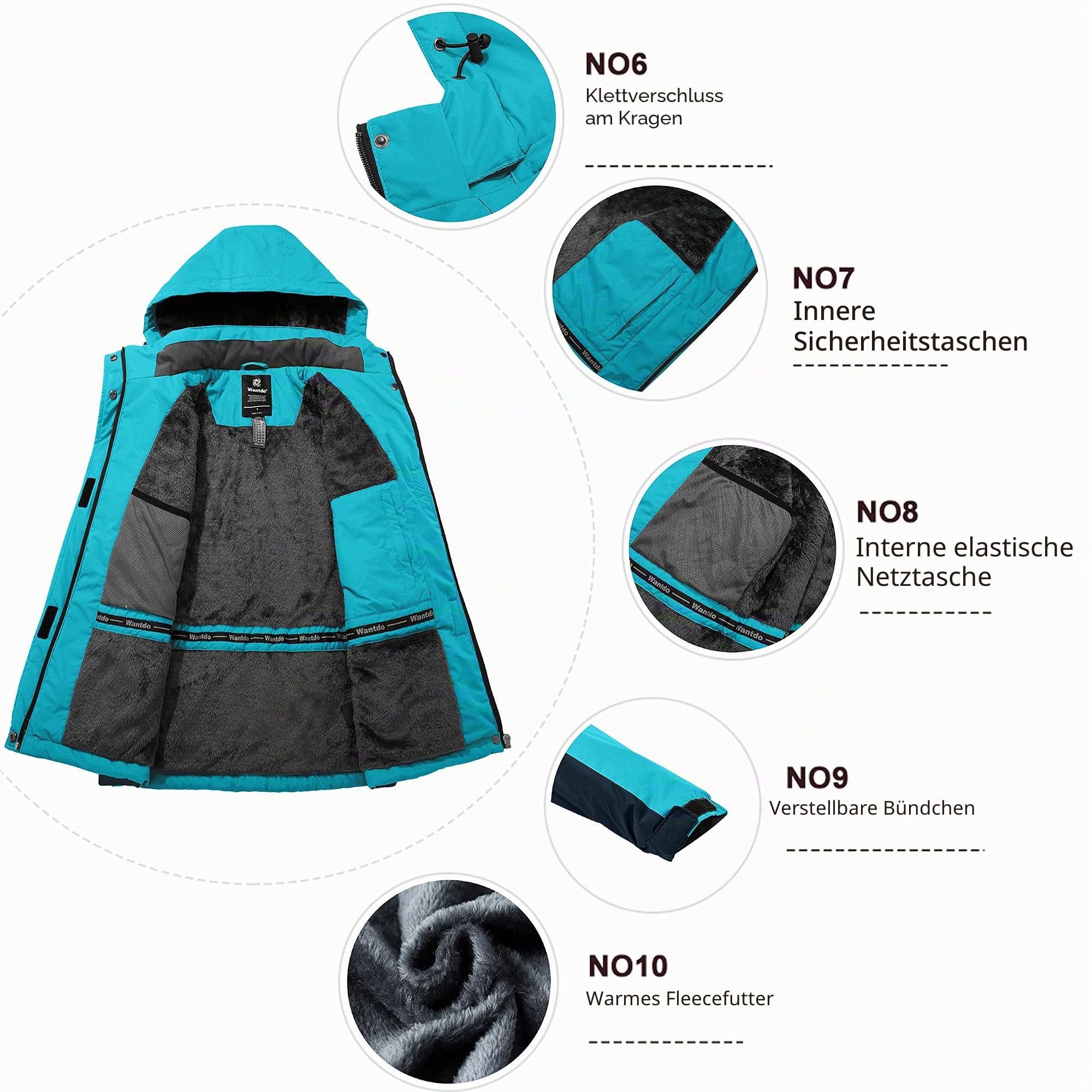 Wantdo Damen Skijacke Winddicht Outdoor Wintermantel mit Kapuze | Wasserdicht,Brusttasche,Fleece,Warm Gefüttert,Leicht,Atmungsaktiv,Windbreaker Jacke Damen, Wandern,Snowboard,Berg