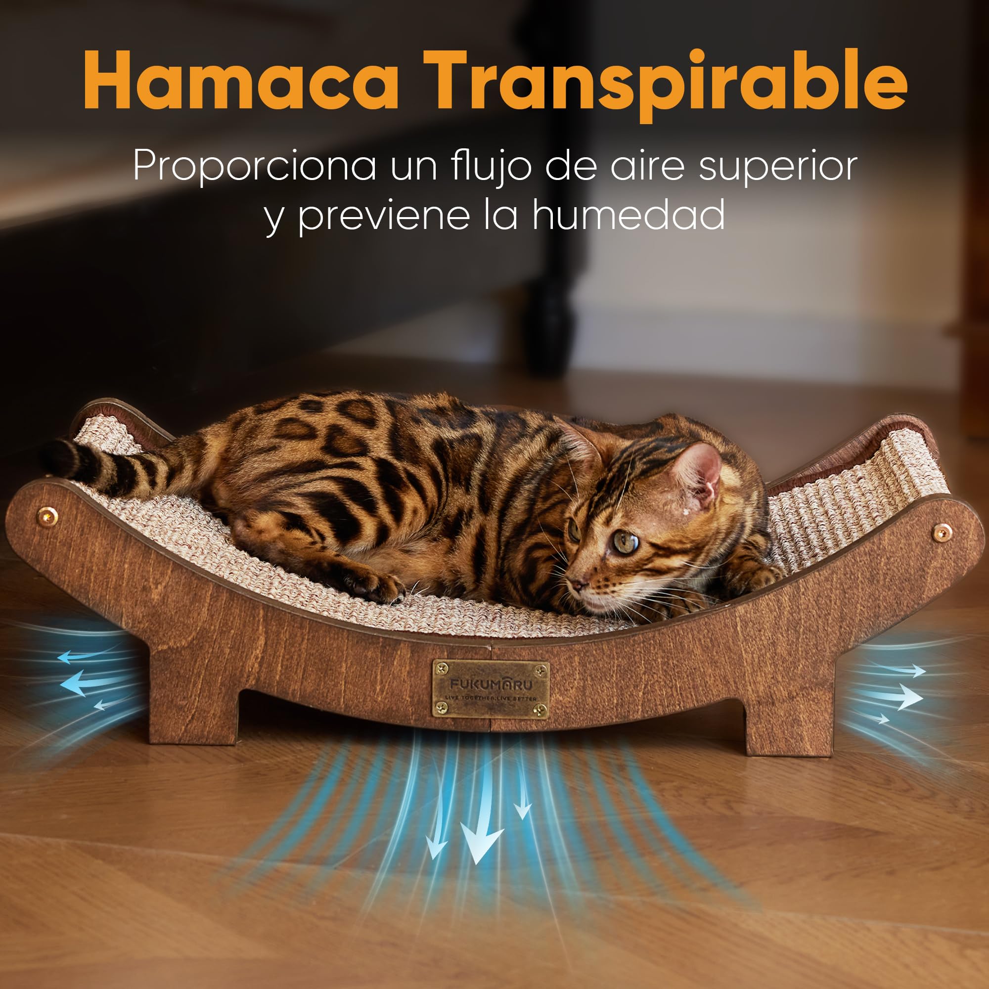 FUKUMARU Rascador de sisal en Madera, 60 cm Cama rascadora Robusta para Gatos domésticos, Hamaca de sisal 100% Natural, Base de Madera Maciza para Dormir y rascar uñas (Acabado Nogal)