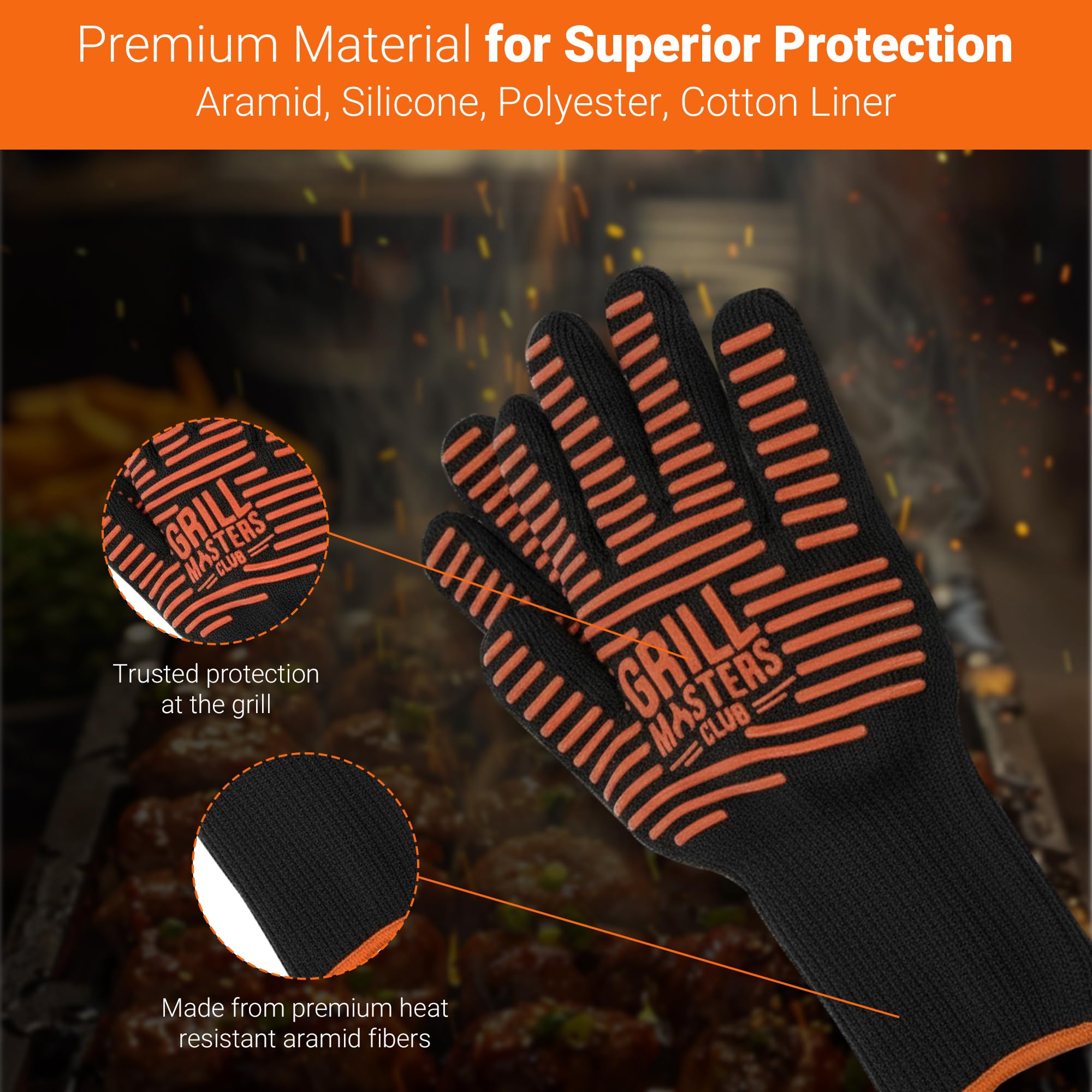 Grill Masters Club Guanti da barbecue, durevoli, flessibili e sicuri per cucinare, grigliare, affumicare e maneggiare cibi caldi, 1 paio, resistenti al calore fino a 454 °C