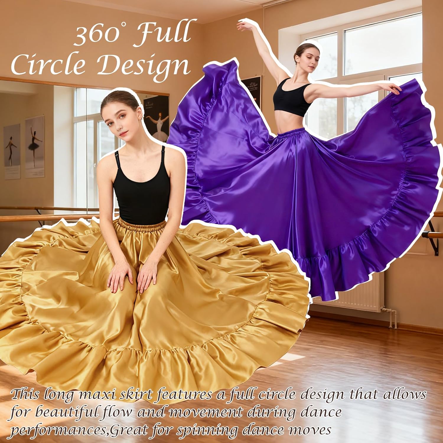 Satin Belly Dance Skirt for Women Maxi Midi Dress Circle Skirt Elastic Waist Stage Performance Holiday Party Dance Skirts - Image 5