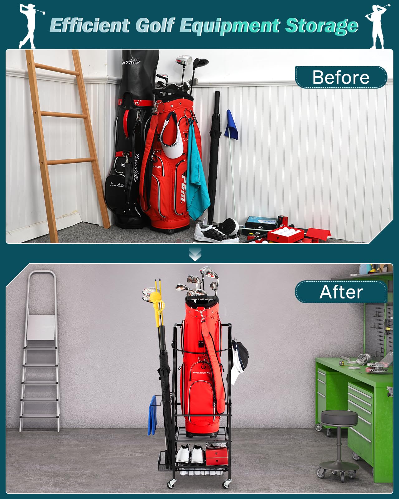EXTCCT Organizer per sacche da golf, supporto per sacche da golf e mazze da golf, palline da golf, accessori per attrezzature da golf, rack extra large per garage