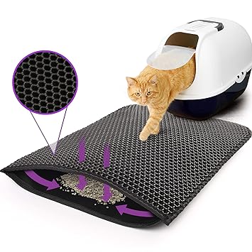 PrimePets Kitty Litter Mat, 24? X 15? Cat Litter Trapping Mat, Litter Trapper Pad, Honeycomb Double-Layer Cat Mat for Litter Box, Easy Clean, Black Litter Catcher Rug, Waterproof, Urine Proof