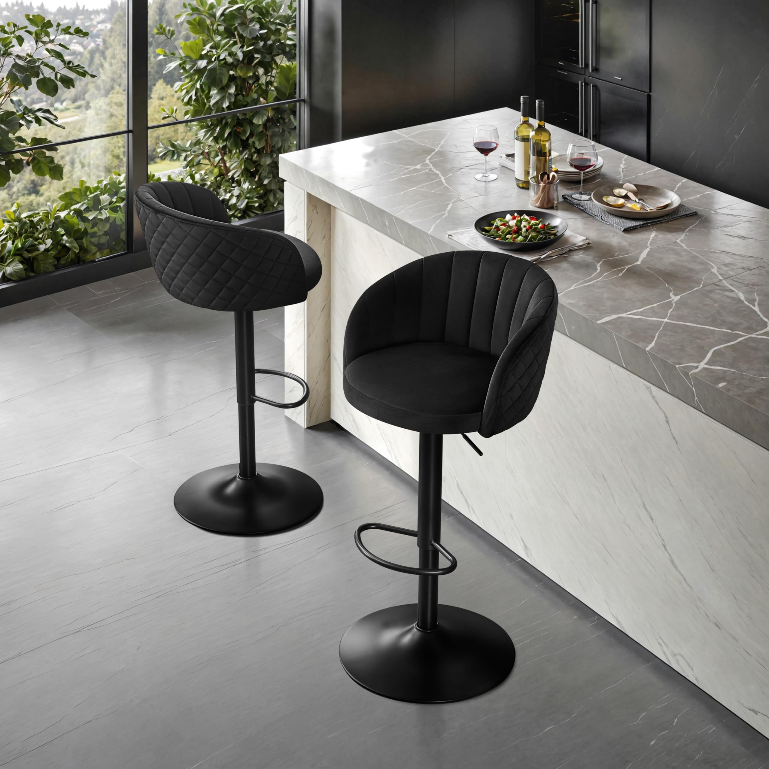 STOOLINK Taburete de Bar Juego de 2, Silla de Bar con Tela Terciopelo de Leche Altura Ajustable, Taburetes Cocina con Respaldo y Reposabrazos, Silla de Bar Rotación de 360°, Taburete Alto 150kg-Negro