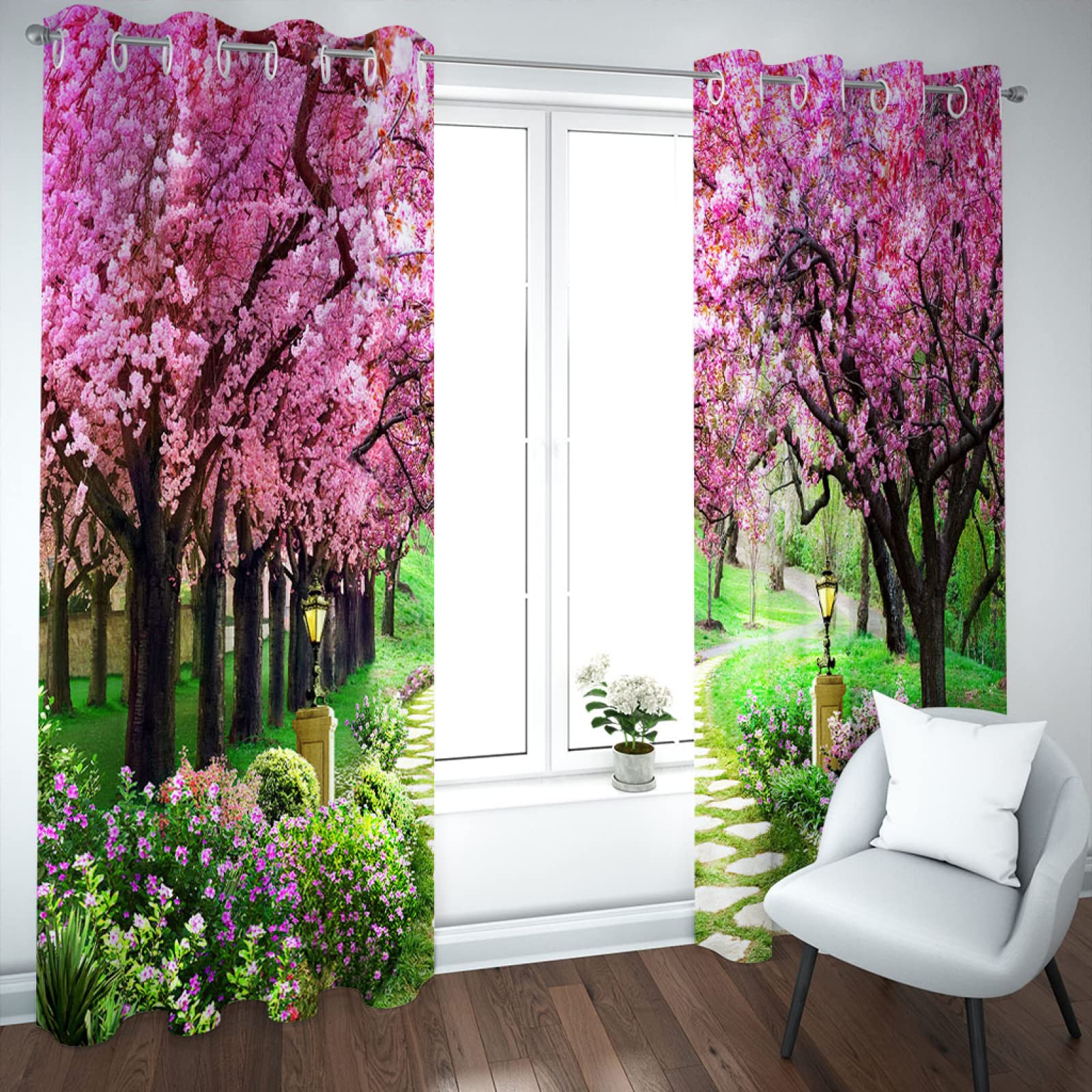 Lot De 2 Rideau Chambre Enfant Garcon Fille 3D Impression Paysage D'Arbres Roses Motif Rideaux Occultants Thermiques Isolants À Oeillets Décoration De Fenêtre pour Salon 264X240Cm（L X H）