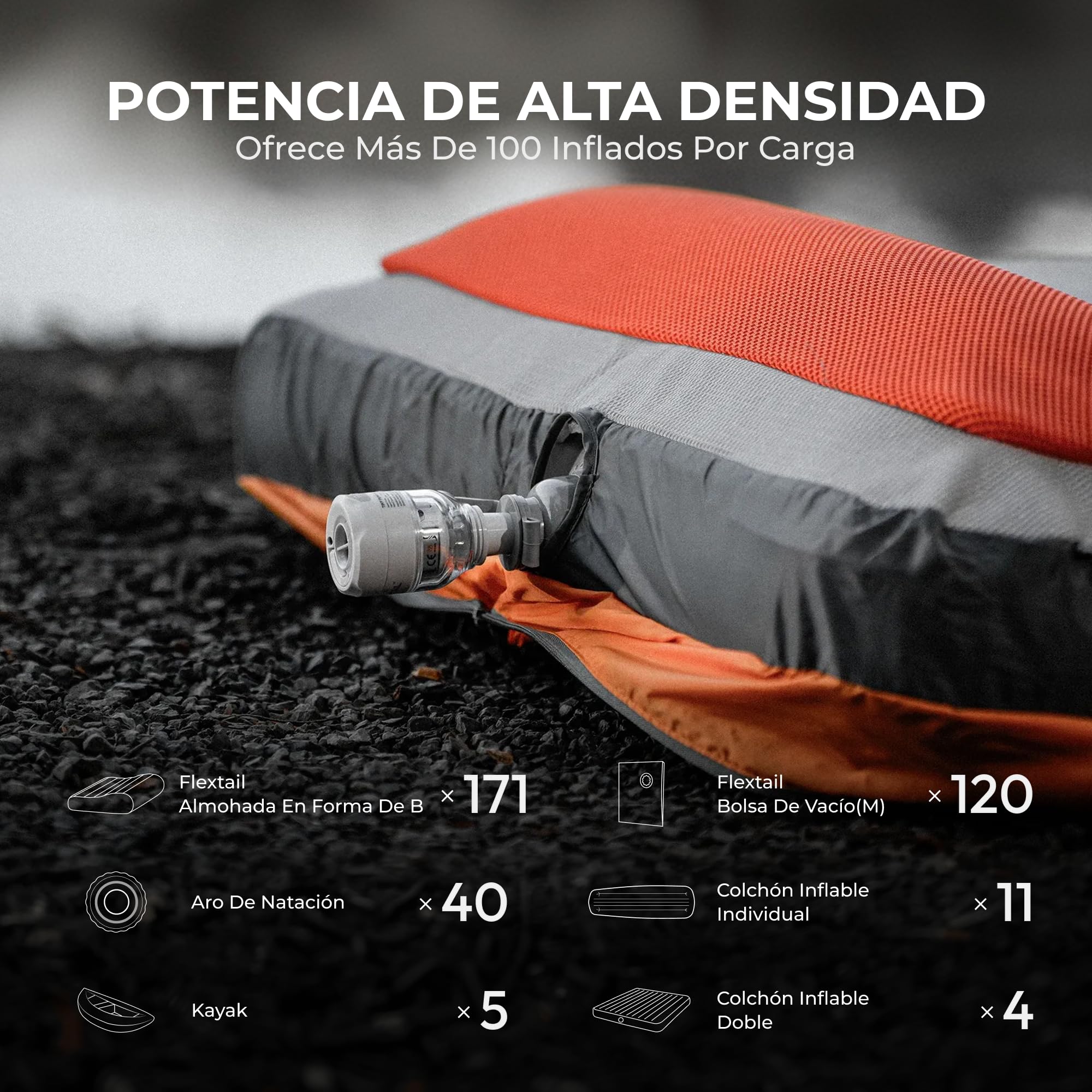 Bomba de Aire Portátil FLEXTAILGEAR, Inflador Eléctrico con Luz 5 Modos, Silenciosa, Mini Bomba para Colchón, Esterilla, Bolsas de Vacío y Flotadores