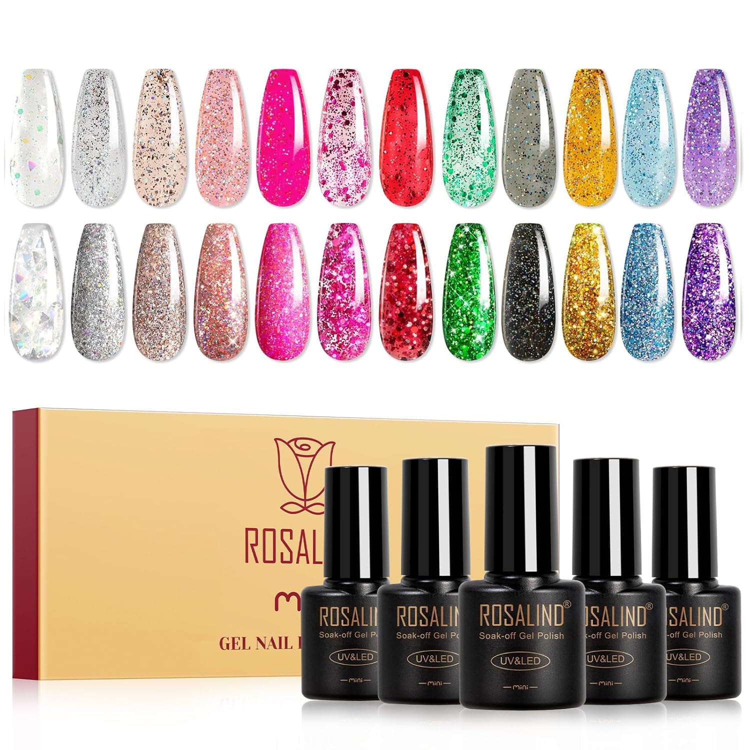 ROSALIND Glitter Gel Nail Polish, 12 Colors Red Sparkle Green Glitter Gold Silver Gel Polish Sparkly Hot Pink Winter Nail Polish Collection for Nail