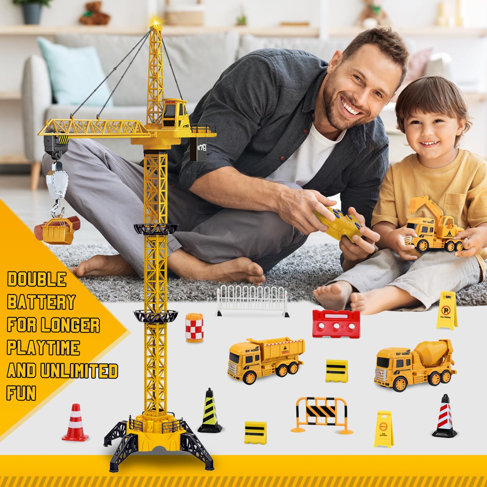 Ulikey Grúa Torre Teledirigida, 128 cm RC Grúas Torre de Construcción, 2.4GHz Gruas de Juguete de 6 Canales, Elevador Giratorio de 680, con Luces y Sonidos, Regalos para Niños de 3 a 10 Años