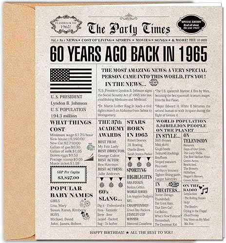 DUGUTUL Tarjeta vintage de cumpleaños 60, decoración de cumpleaños 60, feliz 60, tarjeta nostálgica de cumpleaños para hombres y mujeres de 60 años,