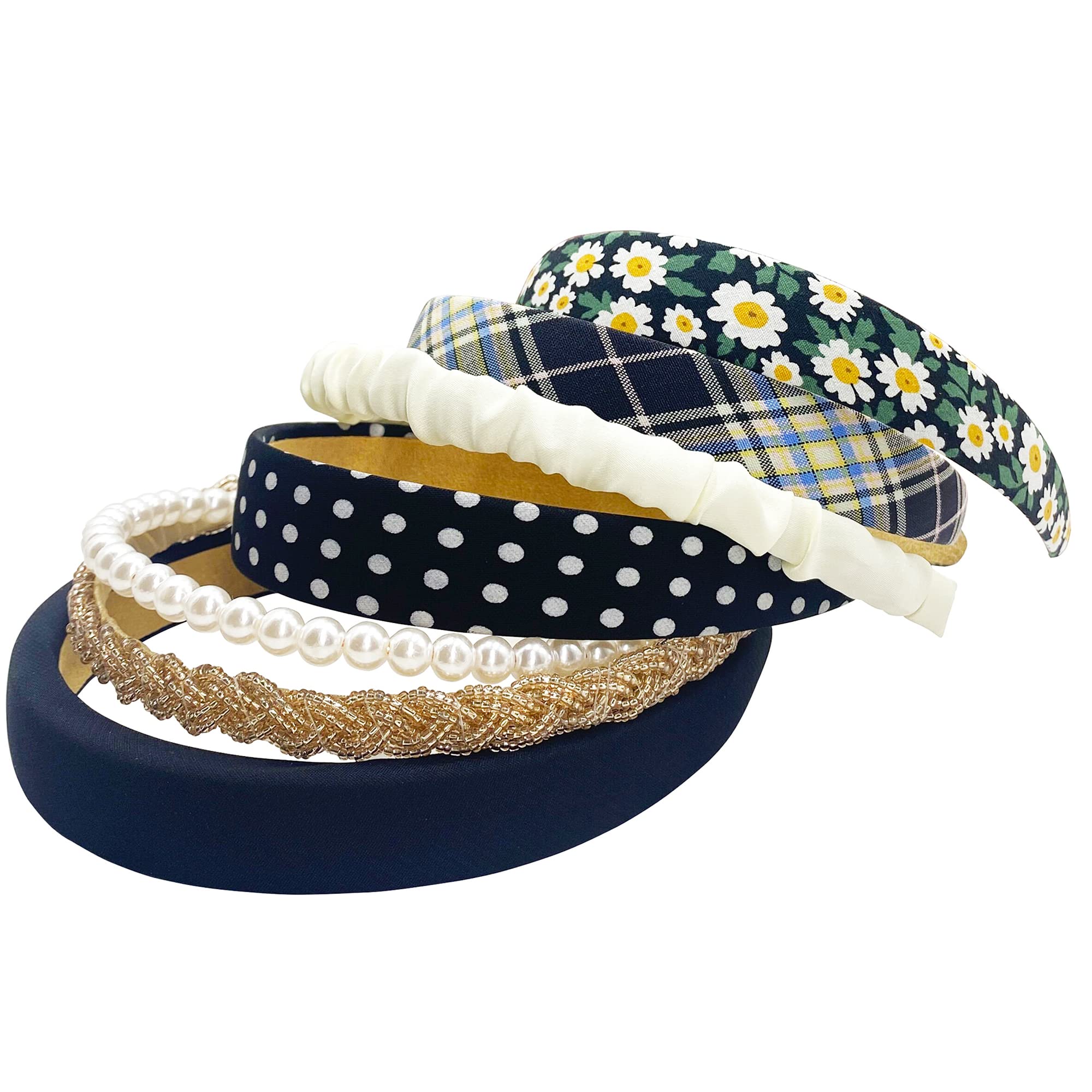 MEFINESHOW 7PK Different Fashion Headbands for Women,Non Slip Flower Headband,Cute Pearl Headbands for Girls,Vintage Wide Headband for Women,Bandana