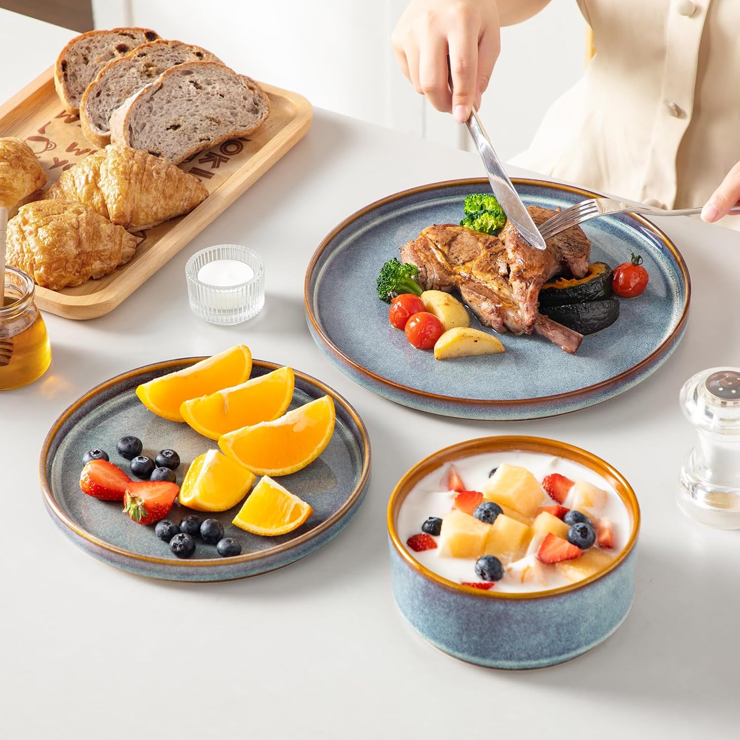 vancasso ONION Ceramic Plates and Bowls Sets, 24 Pieces Blue Dinnerware Sets for Kitchen, Reactive Glaze Dishes Set for 8, Dishwasher and Microwave Safe - Image 5