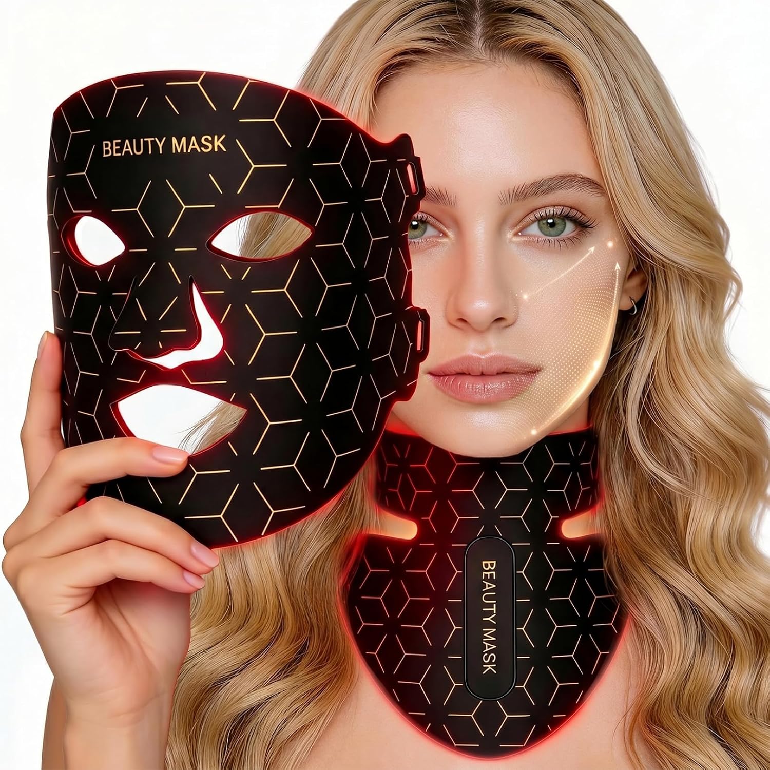 Red Light Therapy for Face and Neck, Led Red Light Face Mask with 7-Color Light Modes, Rechargeable Red Light Therapy Mask for Skincare During Yoga,Work, Home Use (Black-Face+Neck)