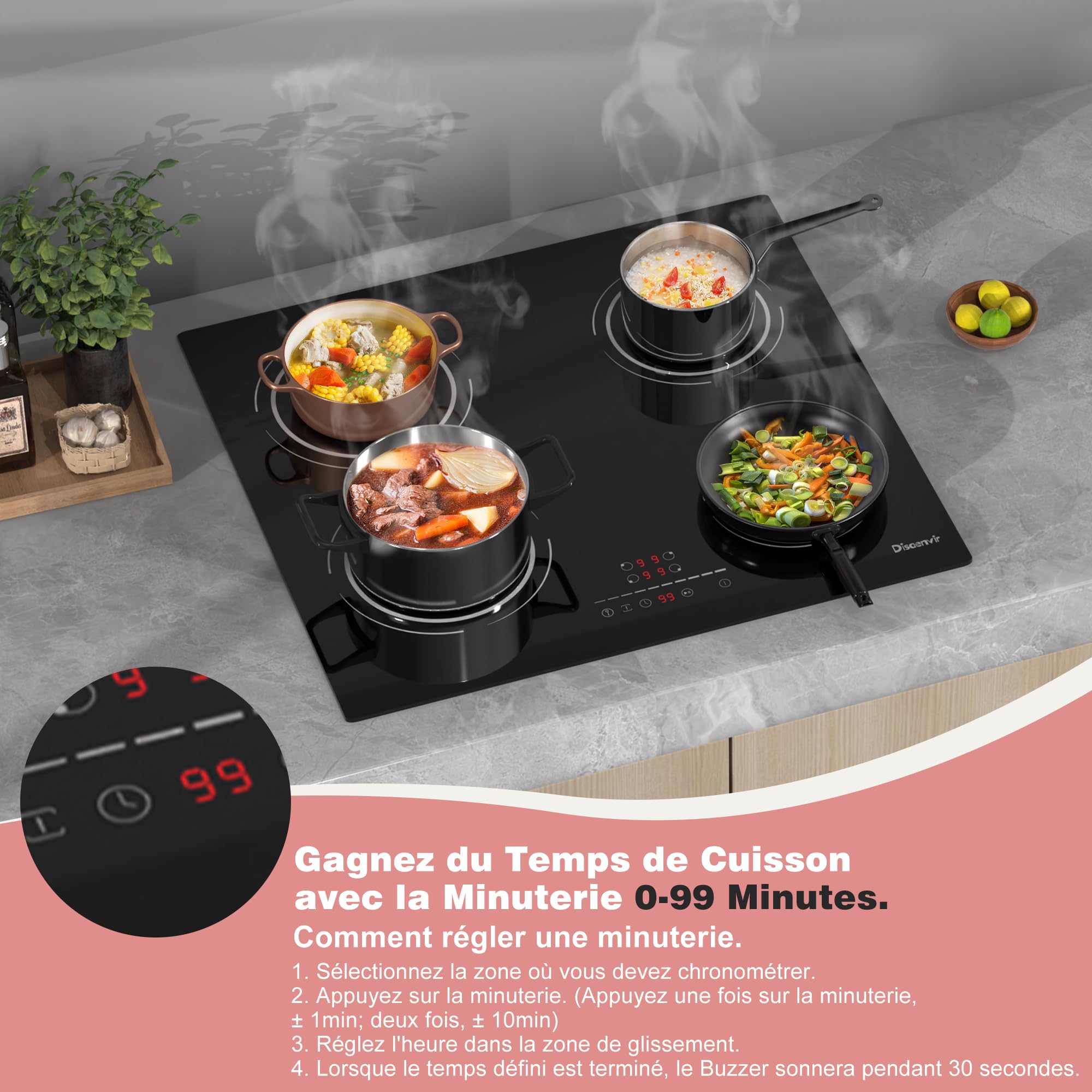 Plaque Induction 4 Feux avec Zone Flexible | Encastrable 60cm, 6400W, Curseur Tactile, Fonction Pause, 9 Niveaux, Minuterie, Verrou de Sécurité, 220V