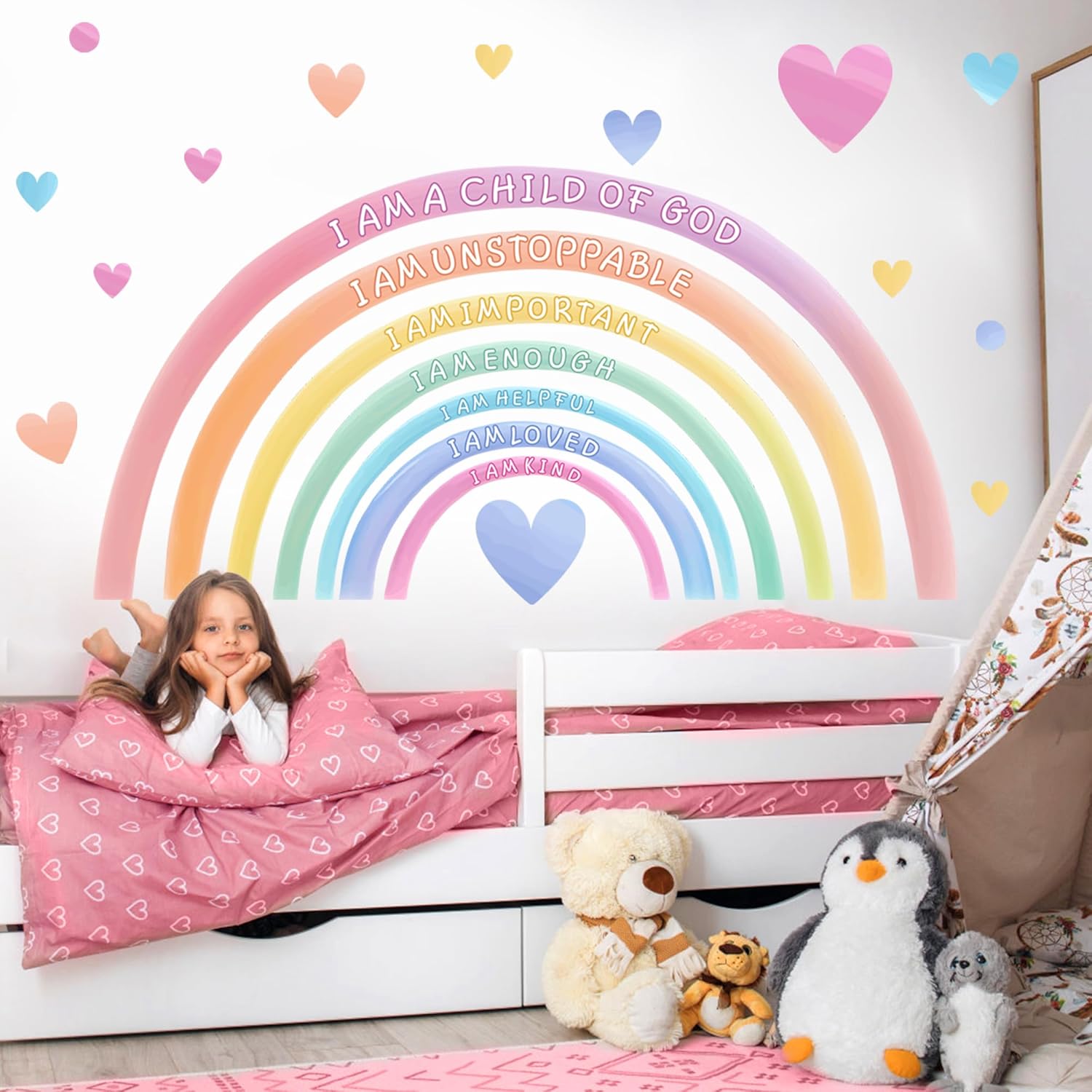 Large Rainbow Wall Decals Peel and Stick Pastel Kids Nursery Wall Decor Stickers Boho Inspirational Wall Decals for Girls Bedroom Rainbow Art Murals for Baby Room Playroom Toddler Home Decoration