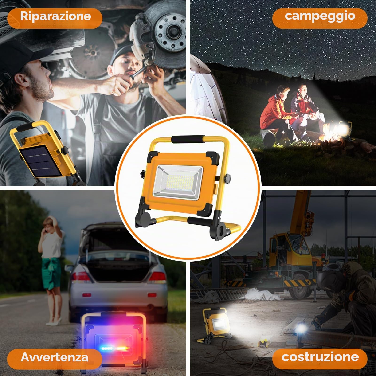 Faretto LED da Cantiere Portatile Solare 100W, 120 LED Luce da Lavoro Rotazione 360°, 4 Modalità 14000mAh Batteria USB Ricaricabile Impermeabili Power Bank per Riparazioni Auto, Officina, Campeggio