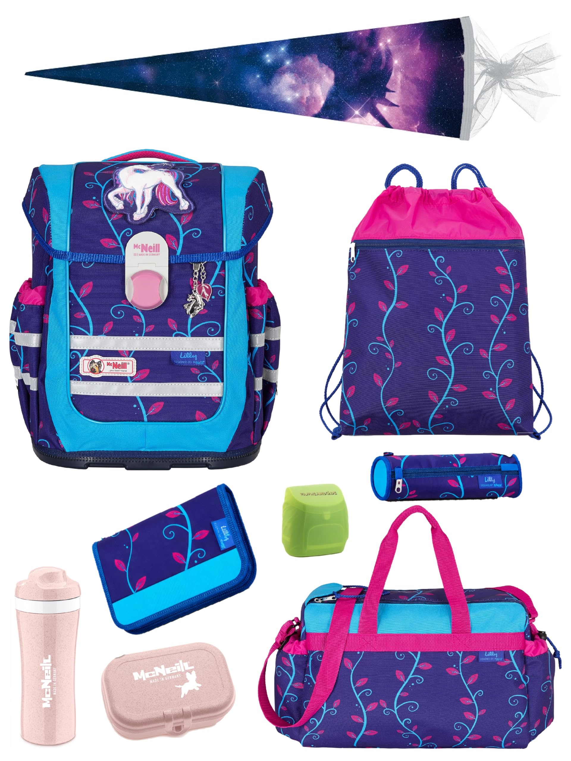 Familando - McNeill Ergo Complete Schulranzen Set - 10-teilig - Lilly Einhorn/Unicorn - Ergonomisch & 3-Fach verstellbar - 1150g leicht mit 20L Volumen & Reflektoren - Für Grundschule ab 1. Klasse