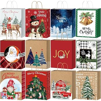 DECHISY Pack of 24 Christmas Gift Bags Small Paper Bags Christmas with Handles Christmas Gift Bags Suitable for Holidays Christmas and New Year Decorations 12 Designs 23 x 18 x 10 cm