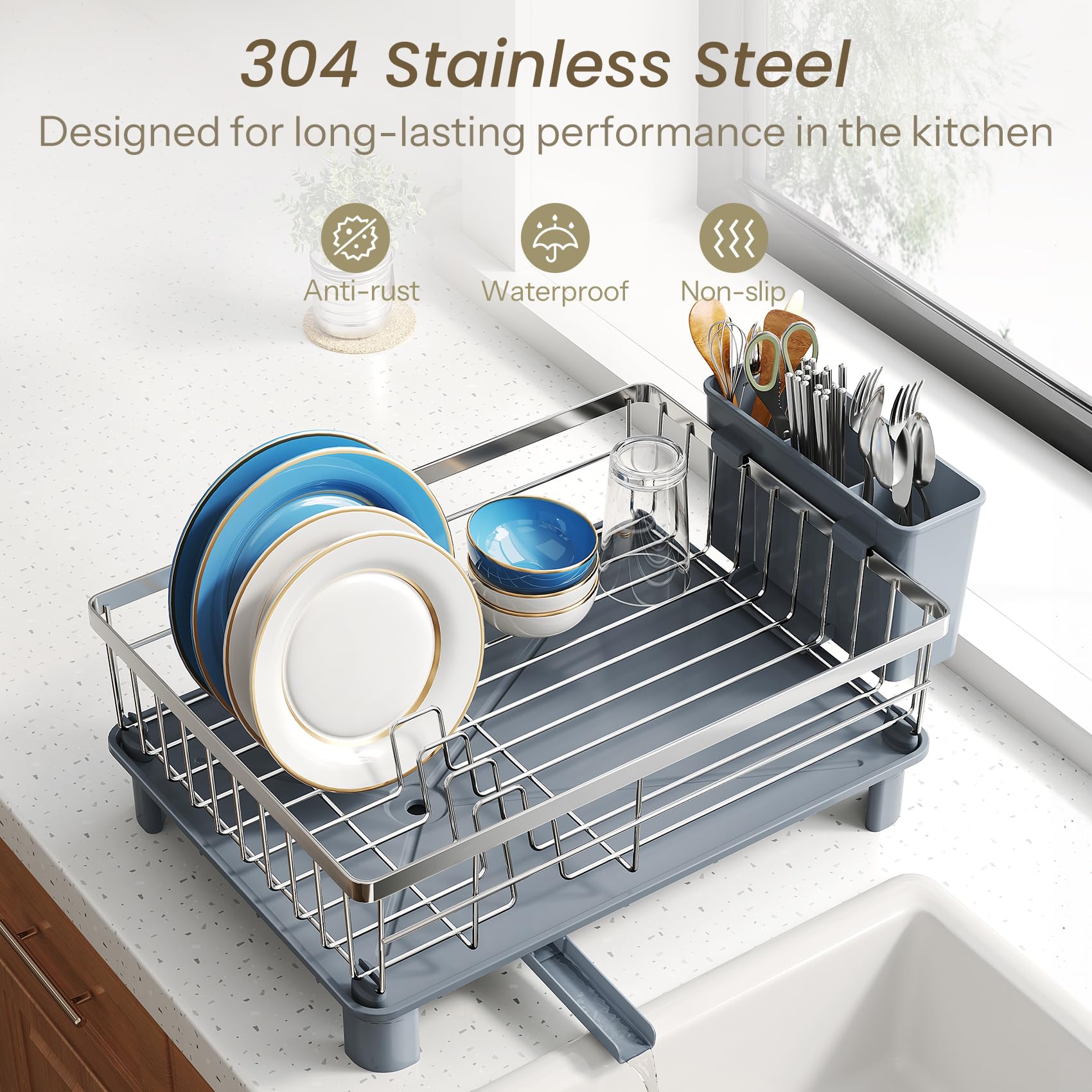 SNTD Égouttoir à vaisselle pour petit comptoir de cuisine, 27,9 cm de large x 38,1 cm de long, argenté | Gain de place, bec rotatif et égouttoir incliné pour un drainage rapide, en acier inoxydable, porte-ustensiles amovible