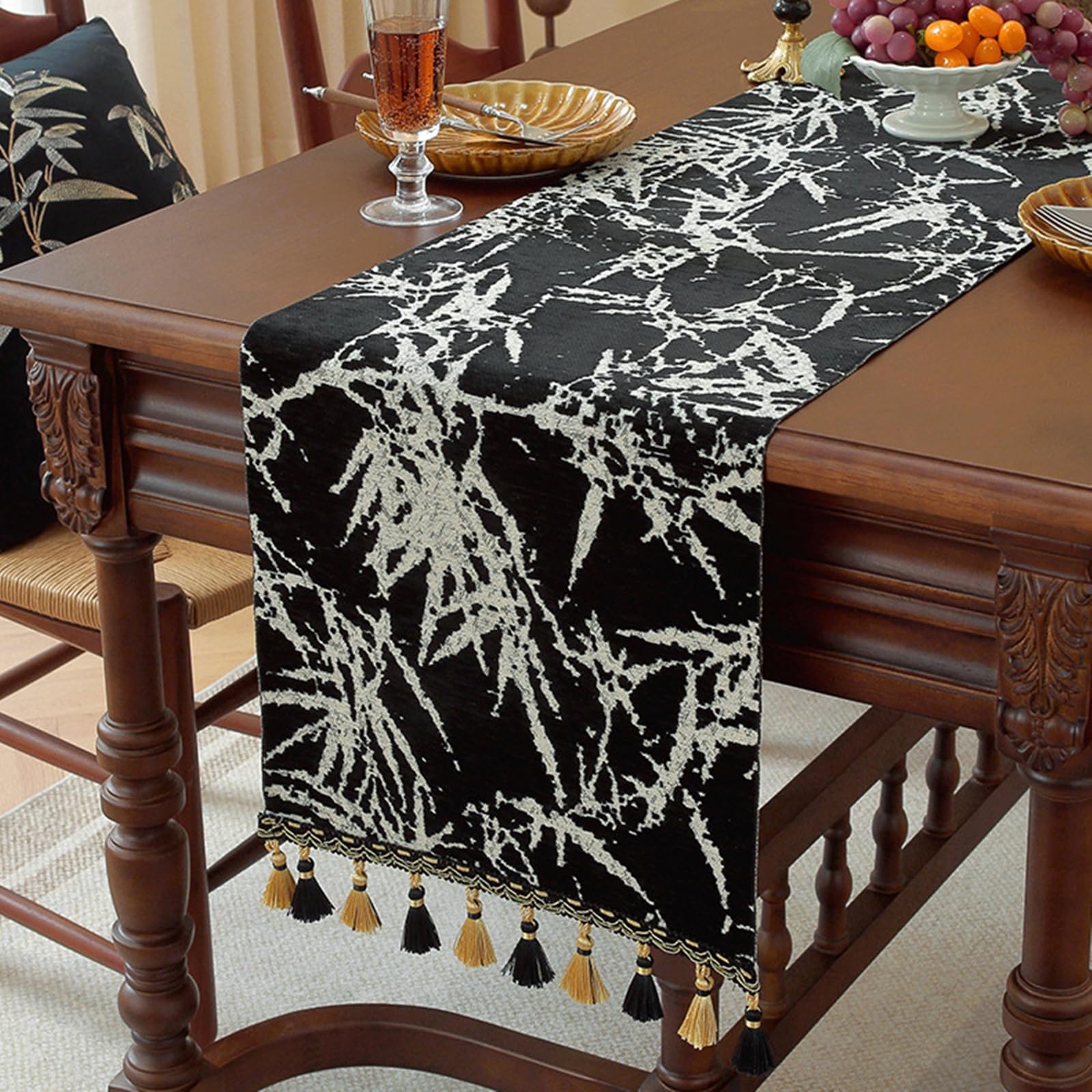 Tischläufer Landhausstil Polyester, Tischläufer Modern 35x300 cm, Leinenoptik mit Jacquard Im Zen-Stil