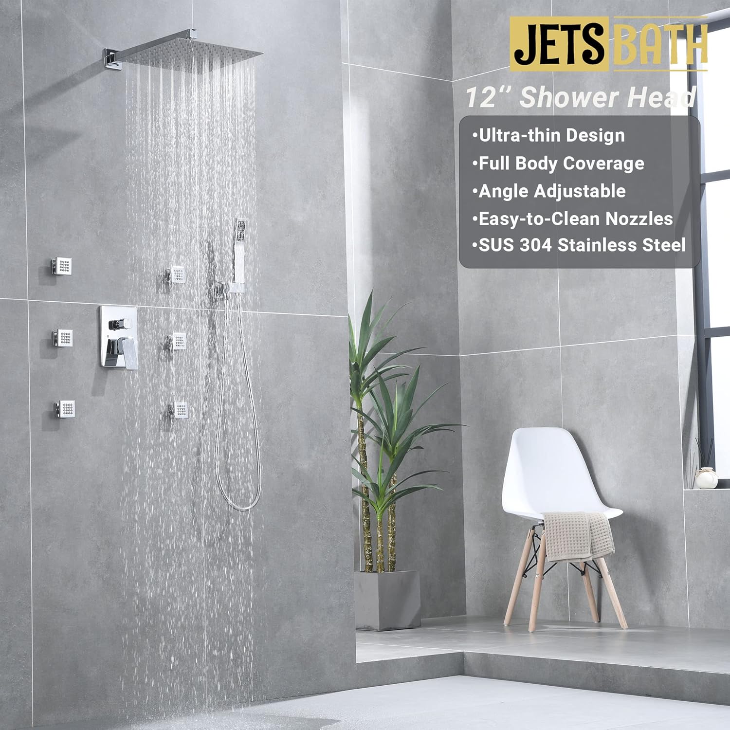 Rain Shower System with 12-Inch Wall-Mount Shower Head & 6 Body Jets, Overhead Full Body Shower System with Handheld Sprayer Jets Rain Shower Set (Polished Chrome)