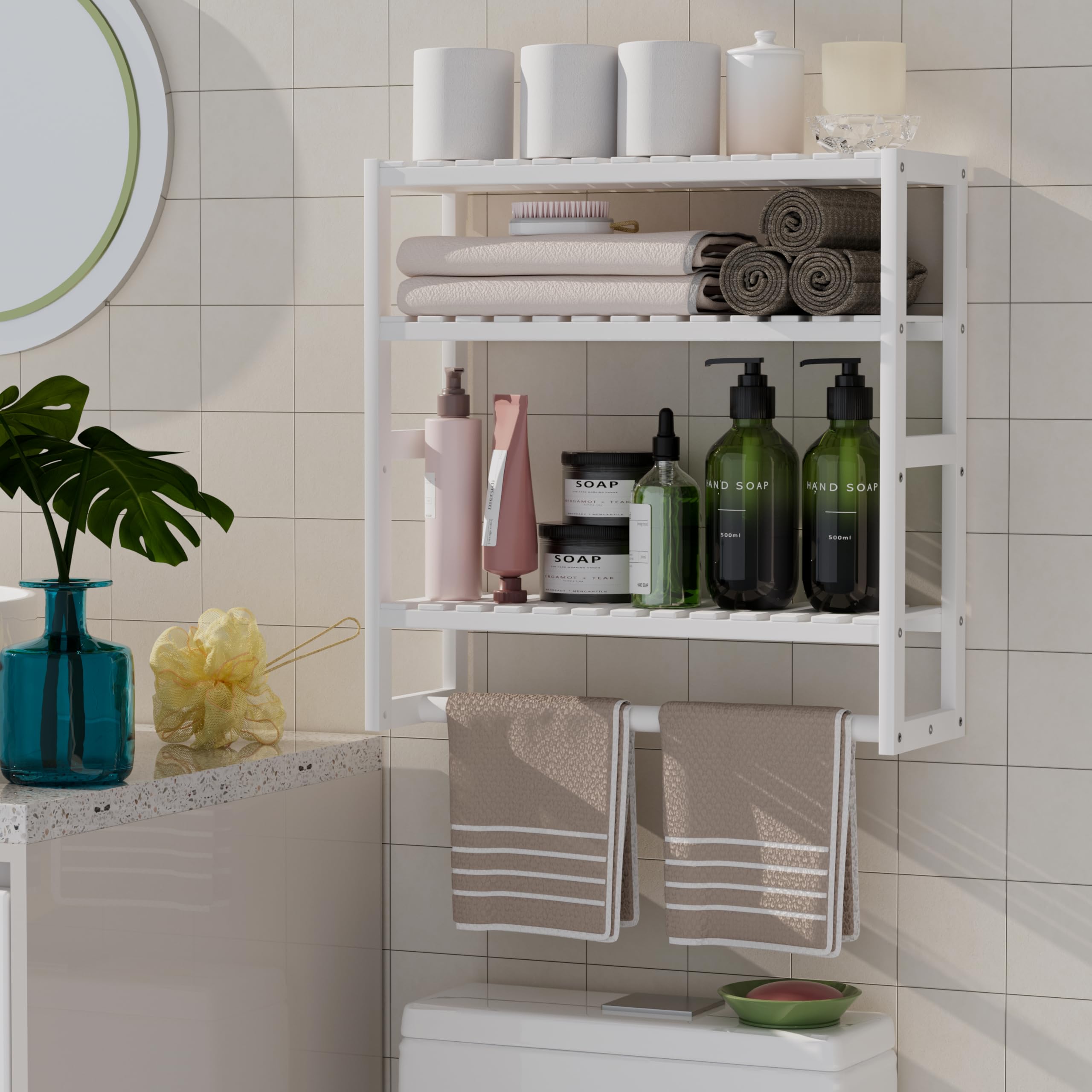 Photo 1 of **BROKEN AND DISMANTLED**Towel Rack Bathroom Storage Shelves Over The Toilet with Towel Bar 100% Bamboo Adjustable Height Floating Shelf Wall Shower Shelf for Small Space Updated Painting