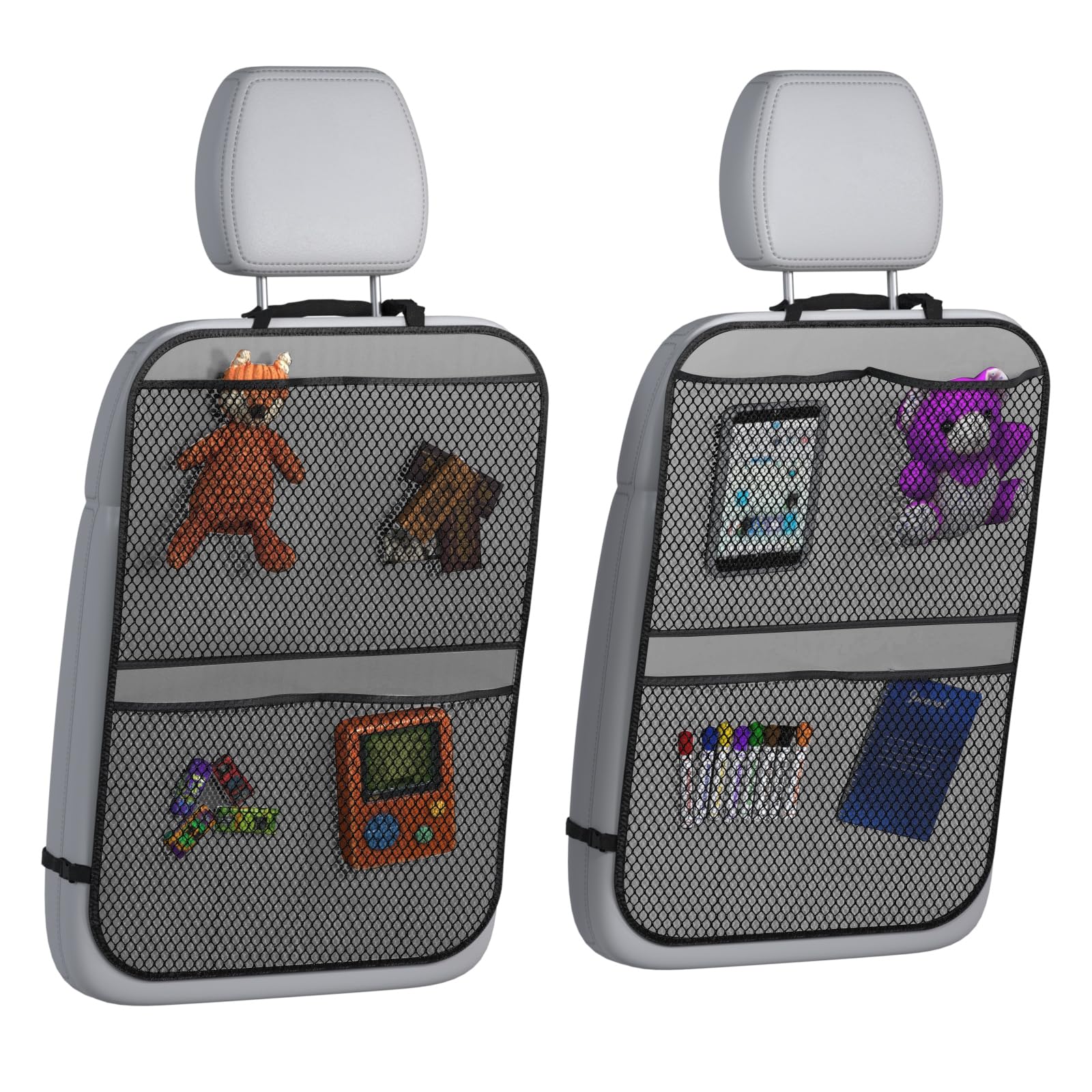 lebogner Rücksitzbezug für Kinder + Organizer mit 4 Taschen, 2 Stück, Trittmatten für Rücksitz, Autozubehör, wasserdichter Trittschutz für Fahrzeuge zum Schutz vor Schmutz, Schlamm und Kratzern, Grau