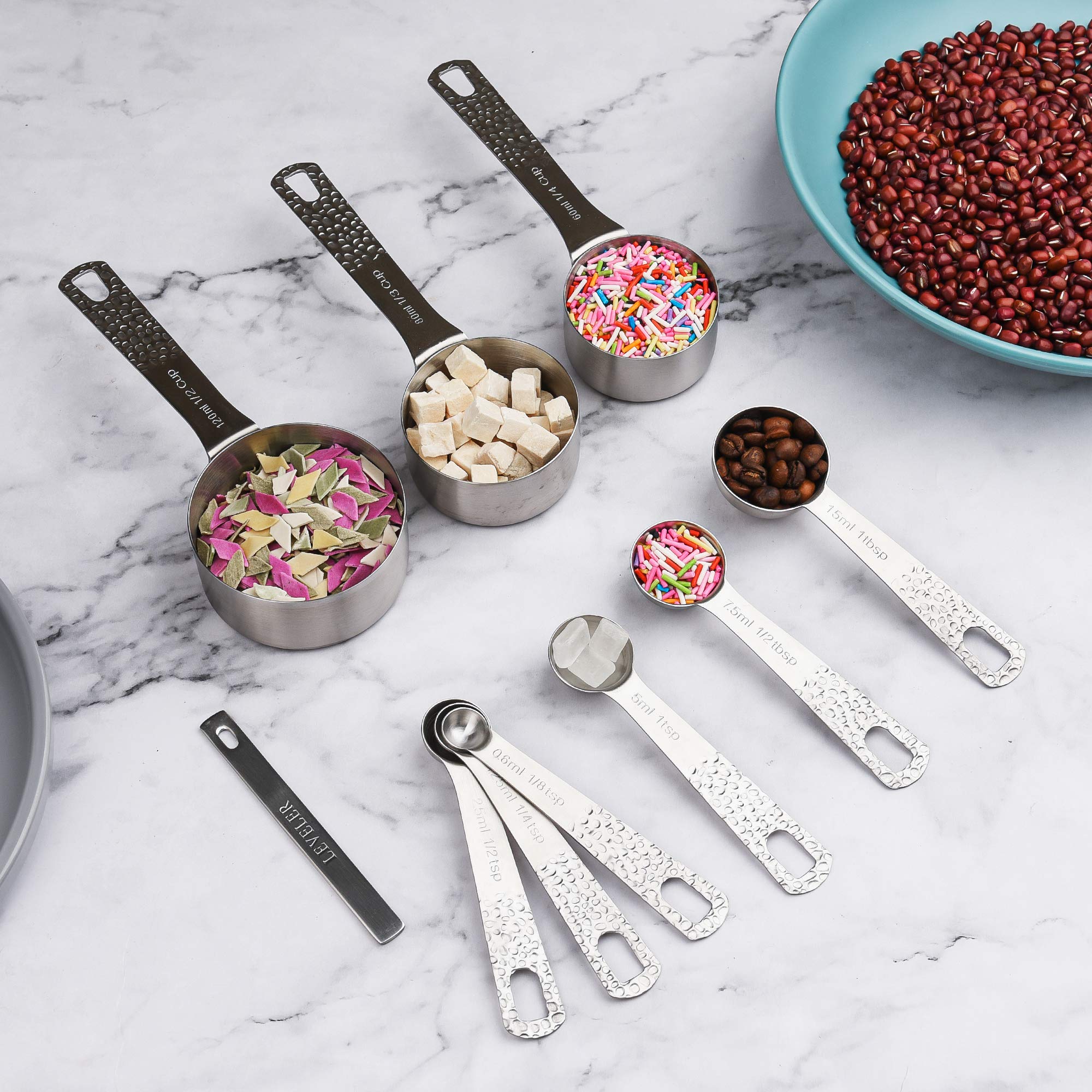 MALOGIC Smithcraft 18/8 (304) Stainless Steel Measuring Cups and Spoons Set of 15 Pieces: 5 Measure Cups and 6 Measurer Spoons and 1 Leveler and 1 Measurement Equivalents and 2 Rings Holder