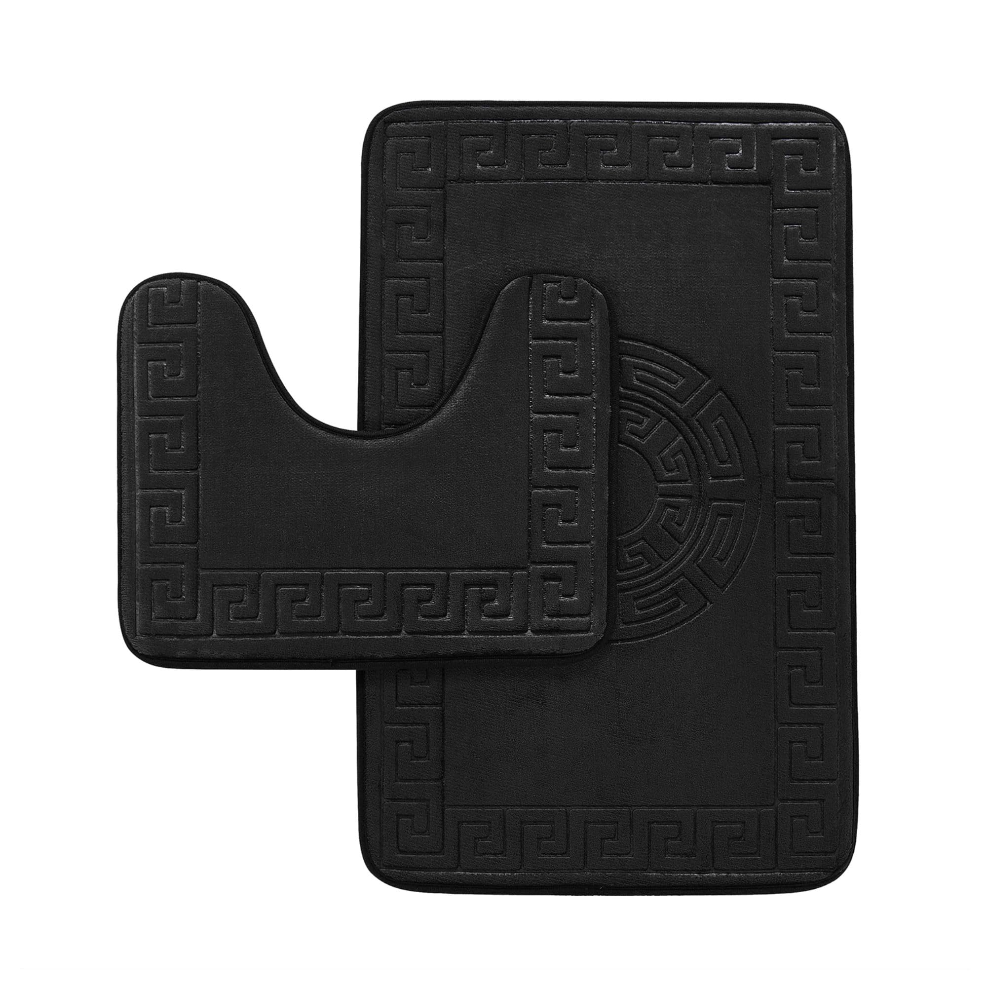VELVETIO Bath Mat Set 2 Piece Machine Washable for Bathroom, Greek Key Non Slip Quick Dry Shower Rugs & Bathtub Mats, Memory Foam Water Absorbent 100% Polypropylene Toilet Rugs, Black