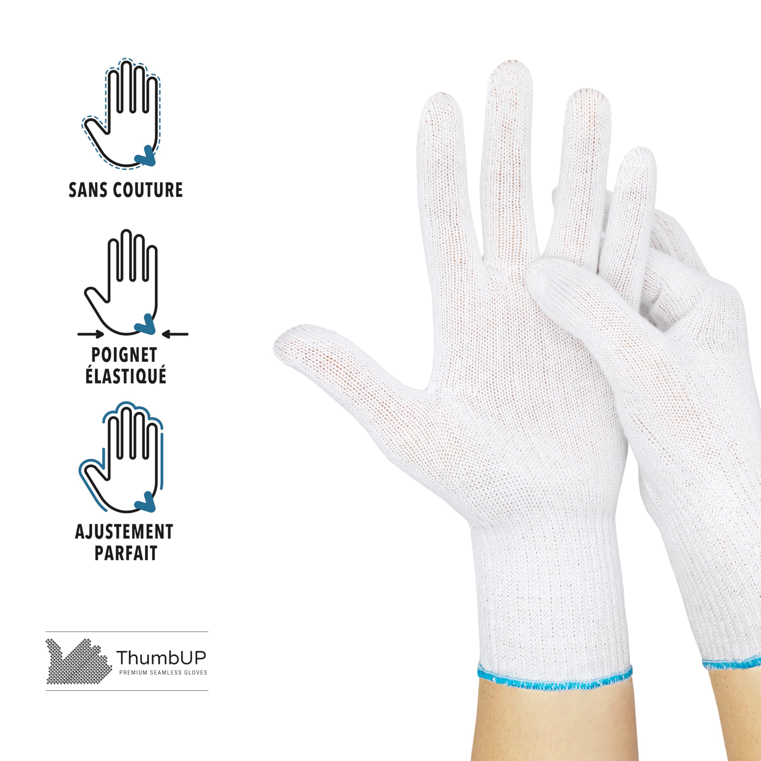 ThumbUP - Supersoft - 12 paires de Gants de travail, 100% coton doux, durables, sans couture, gants dermatologiques, pour peau sensible, poignets élastiques, lavables, Candid White, taille L