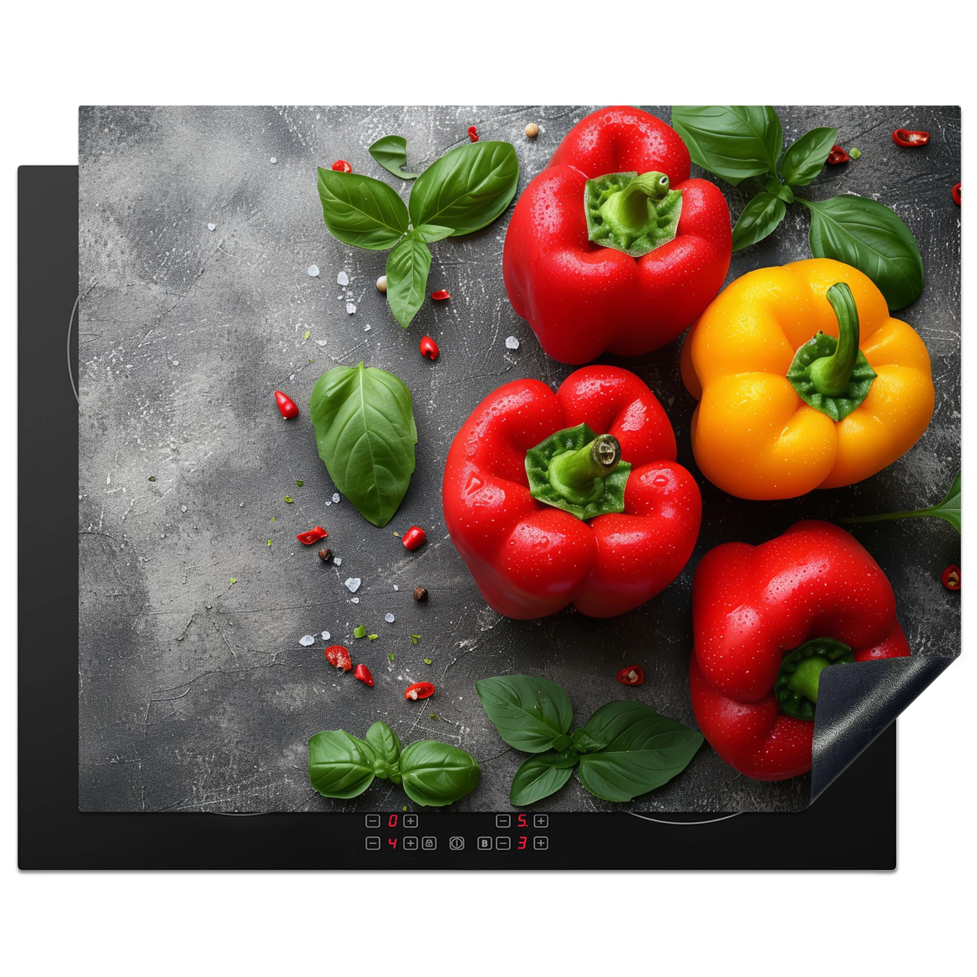 KitchenYeah© Induction Hob Protector Mat 20.5"x25.6" / 65x52 cm Cooker Top Protectors Cover Ceramic Covers Electric Hobs Vinyl Sweet Pepper - Concrete - Vegetable - Leaves