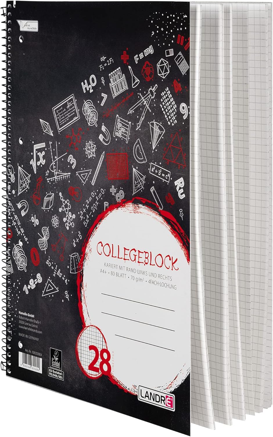 Landré College Notepad A4 Squared with Double Margin 80 Sheets Black Perforated Pack of 10