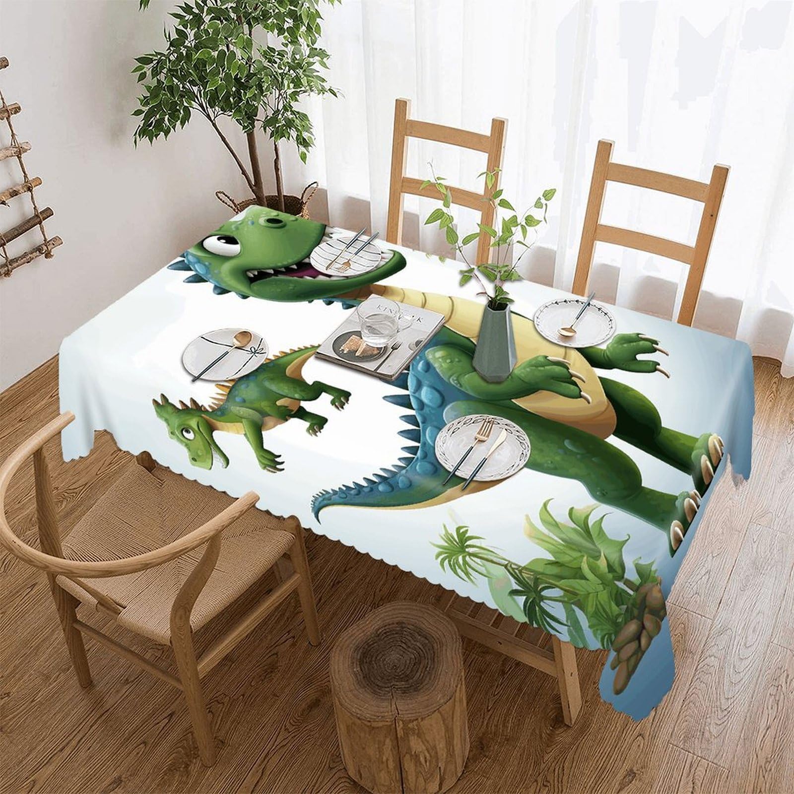 FekiLoot Cartoon Dinosaur Images Tablecloths for Rectangle Tables Wipeable Spillproof Polyester Table Cloth Wrinkle Free Farmhouse Dining Tables Cover Elegant Vintage Decor Tablecover