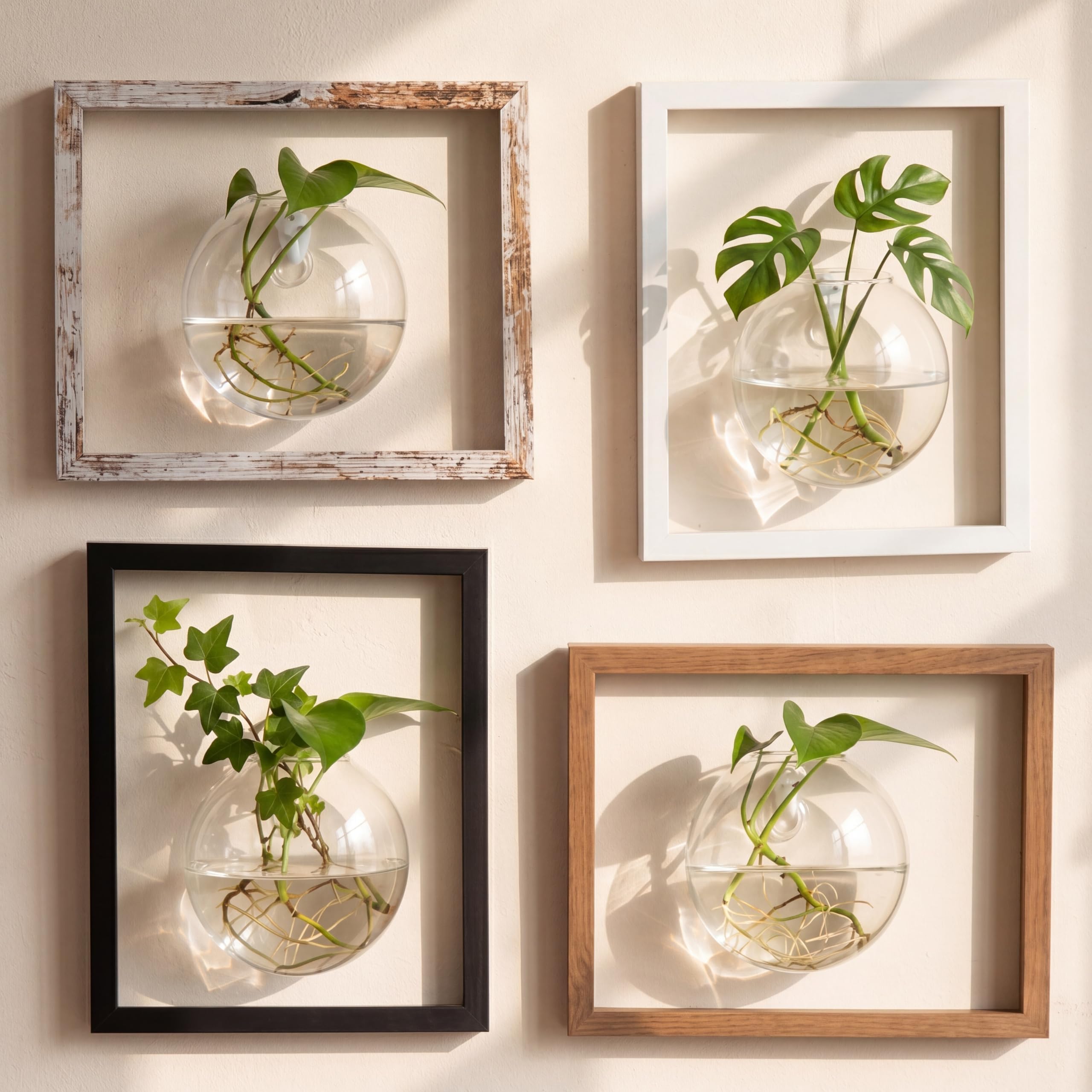 4 Set Glass Wall Vase Planters with Picture Frame Botanical Living Walls Planter Glass Vases Farmhouse Wall Propagation Planter Station for Hydroponics Plant Home Hallway Decor(Mixed Color)