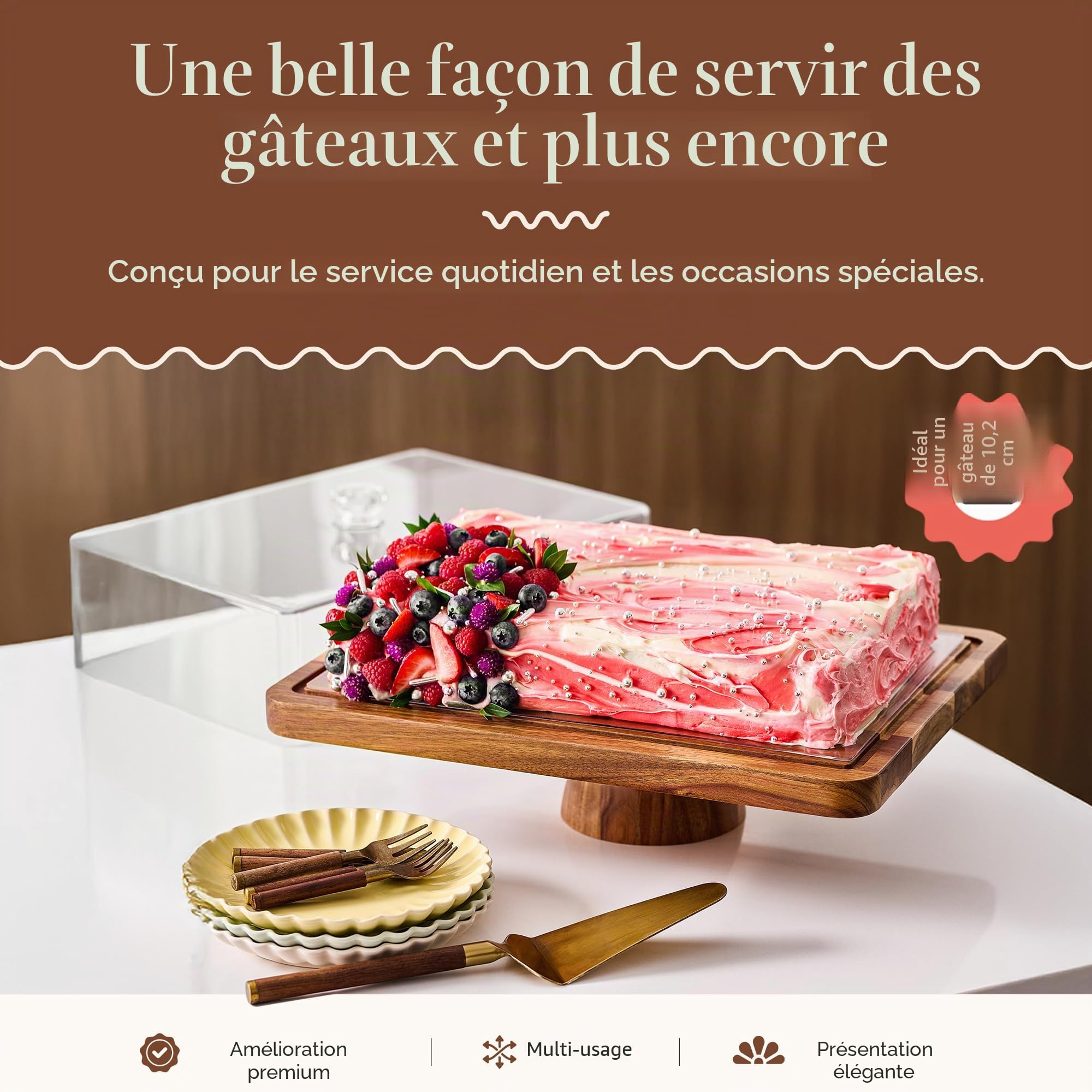 HOMESPHERE Présentoir à gâteau rectangulaire en bois d'acacia avec couvercle – Présentoir à gâteau 2 en 1 – Ensemble de présentation de table à dessert et planche à charcuterie pour fromage, frites