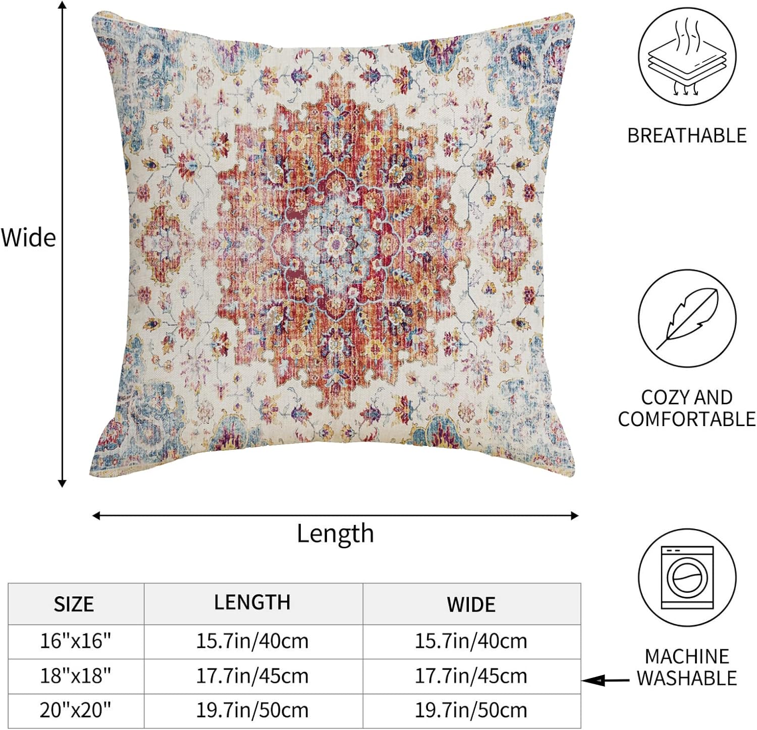 Boho Throw Pillows Cover 18x18 Inch Orange Blue Teal Ethnic Carpet Pillow Covers Set of 2 Farmhouse Fall Coral Floral Linen Decorative Pillow Cases for Outdoor Living Room Couch Sofa Decor - Image 4