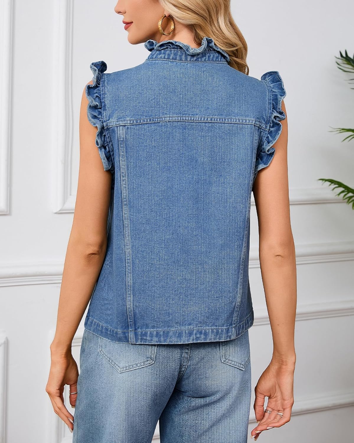 Women's Ruffled Sleeveless Denim Vest Summer Causal Button Down Jean Vest Top Sleeveless Jacket - Image 5