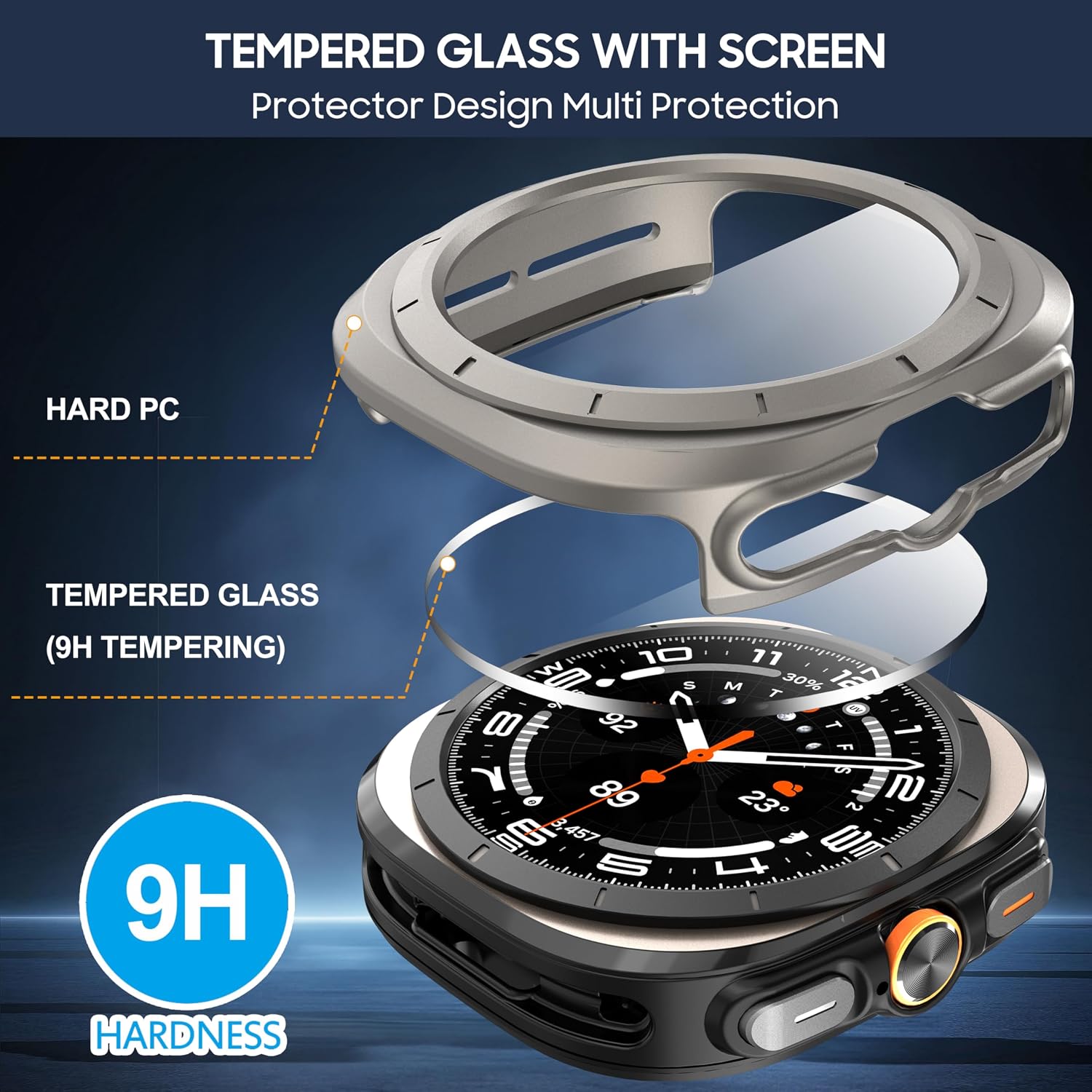 Suoman 4-Pack for Samsung Galaxy Watch 7/8 Ultra 47mm (2024/2025) Case, HD Tempered Glass Screen Protector, All-Round PC Hard Protective Cover Bumper -Black+Titanium Gold+Titanium Grey+White