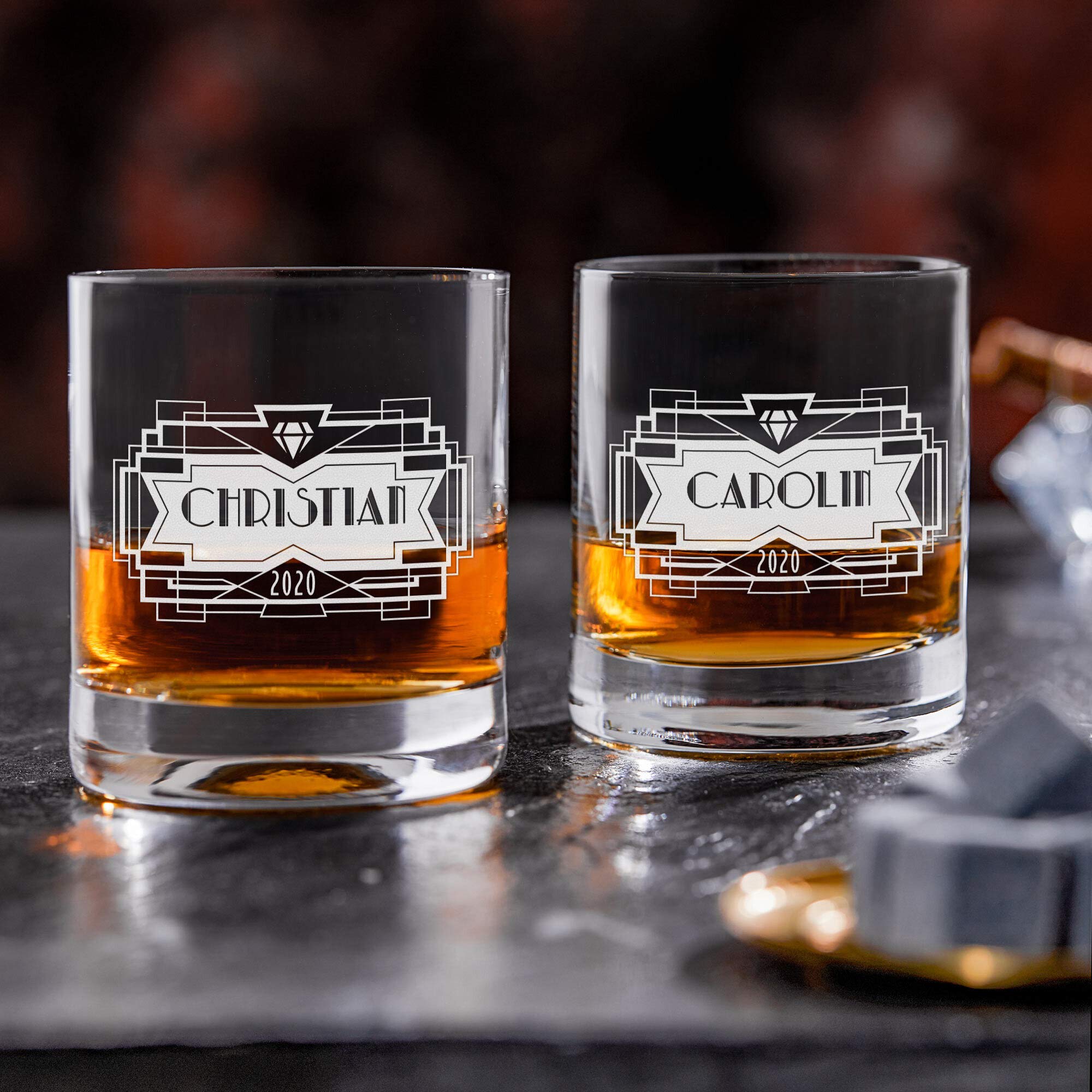 AMAVEL Set de Dégustation avec Carafe Diamant et 2 Verres à Whisky, Gravure Personnalisée, Motif Diamant, 2 Prénoms et 1 Année