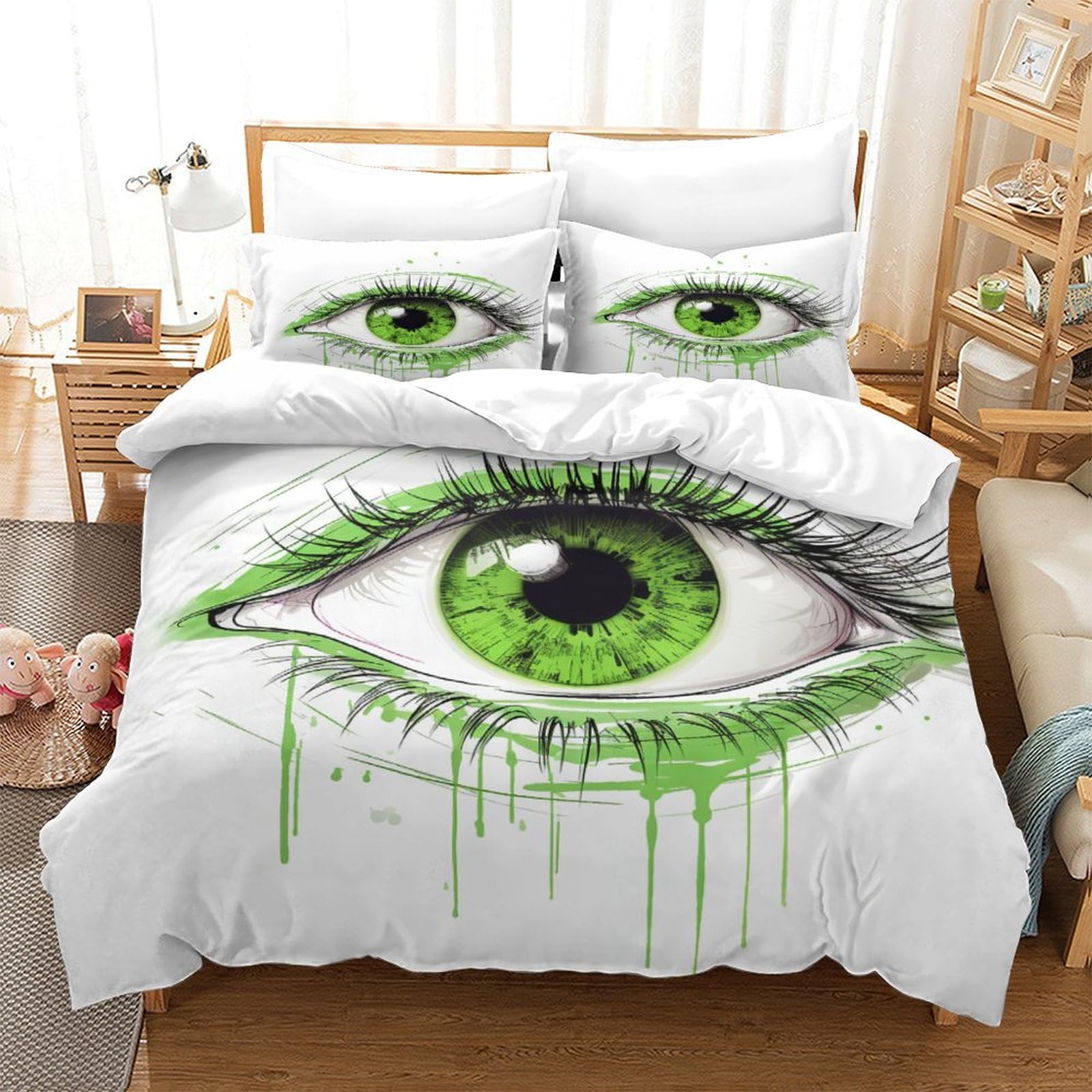Housse de couette 3D motif yeux verts Super King Size 260x220 cm avec taies d'oreiller