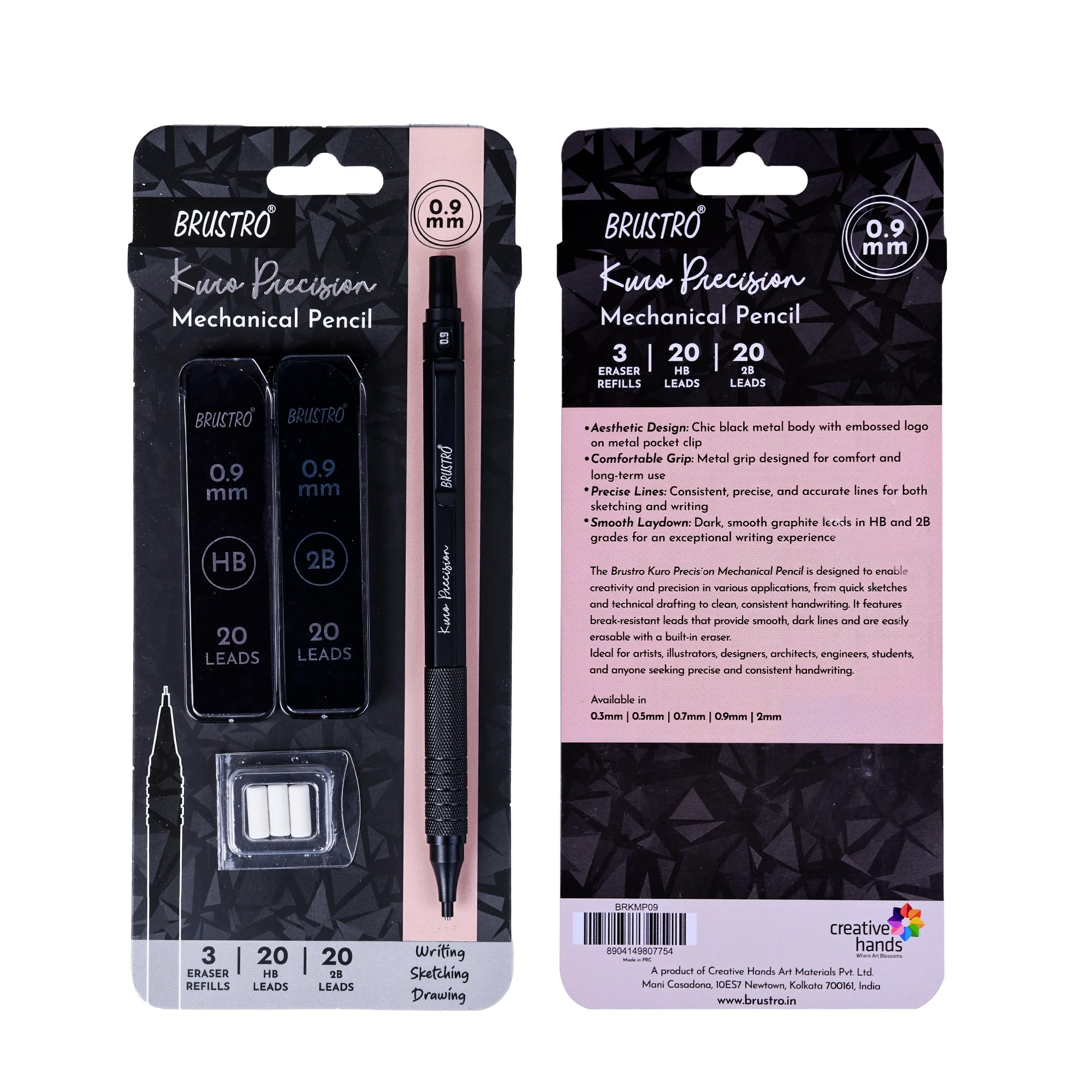 BRUSTRO Kuro Precision Mechanical Pencil | Tip Size - 0.9mm With 20 - HB and 20-2B leads, 3 Eraser Refills| Ideal For Writing, Sketching, Drawing, Mandala Arts and Fine Art Students 2