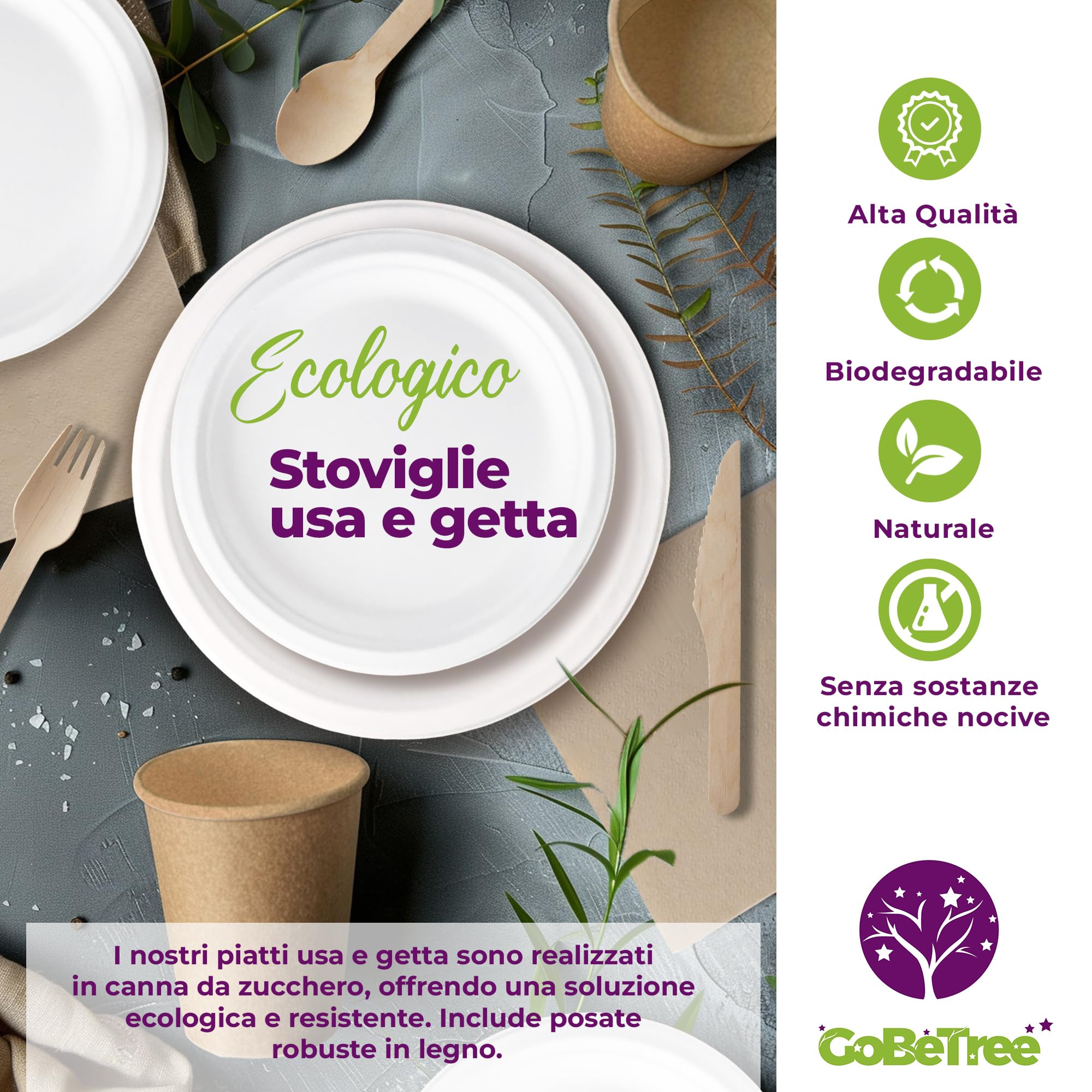GoBeTree Stoviglie usa e getta di 200 pezzi per 25 persone. Stoviglie ecologiche fatte di canna da zucchero. Include 50 piatti, 75 posate di legno, 25 bicchieri di carta kraft e 50 tovaglioli.