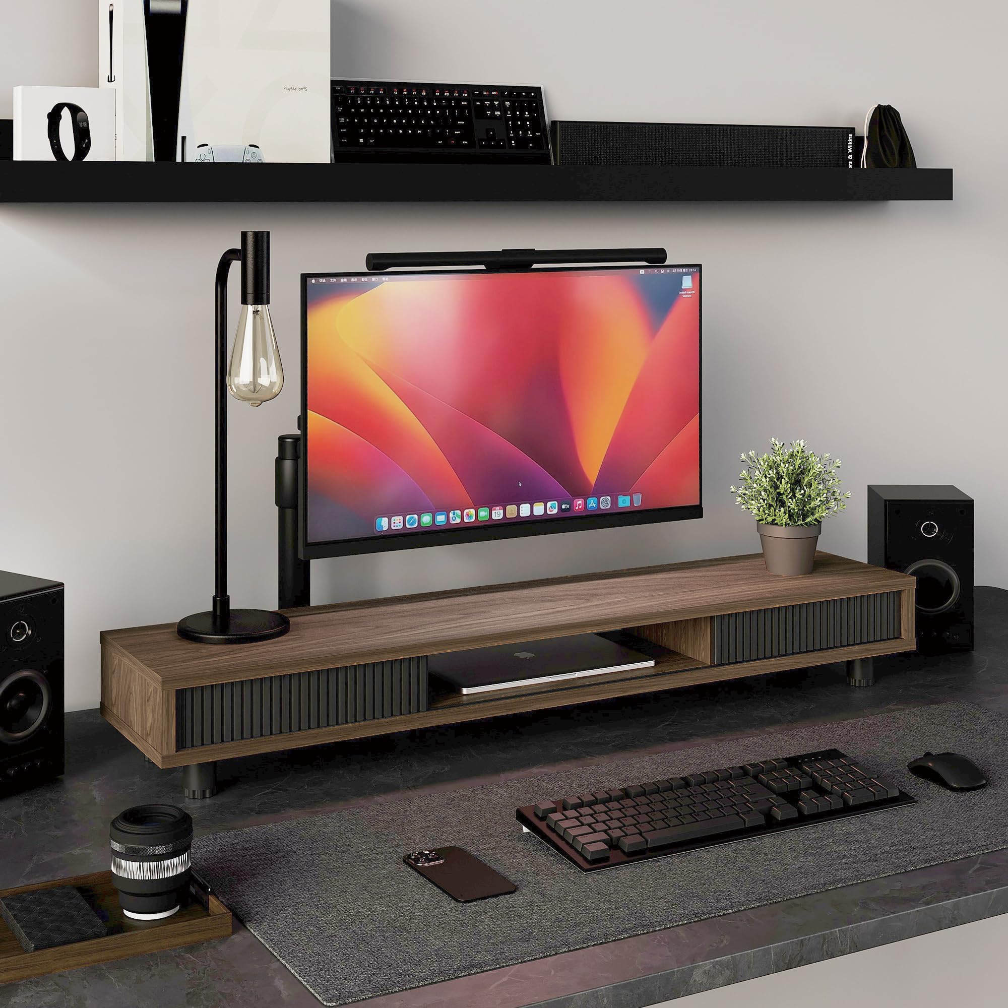 Fenge Monitorständer mit 2 Glas-Schiebetür,Höhenverstellbarer,Braun | Dual Monitorständer,bildschirmerhöhung 2 monitore,schreibtischregal,108x23.5x(15.2-16.7)cm,Tragfähigkeit 50KG