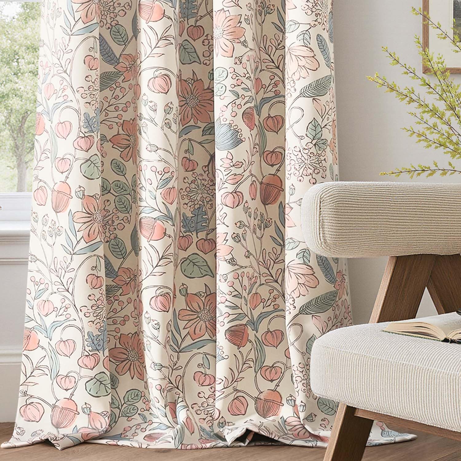 Vangao Tenda oscurante per camera da letto, soggiorno, finestra, floreale, rosa, verde, moderna, 132 x 260 cm, set di 2 tende in stile bohémien, opache, vintage, con occhielli