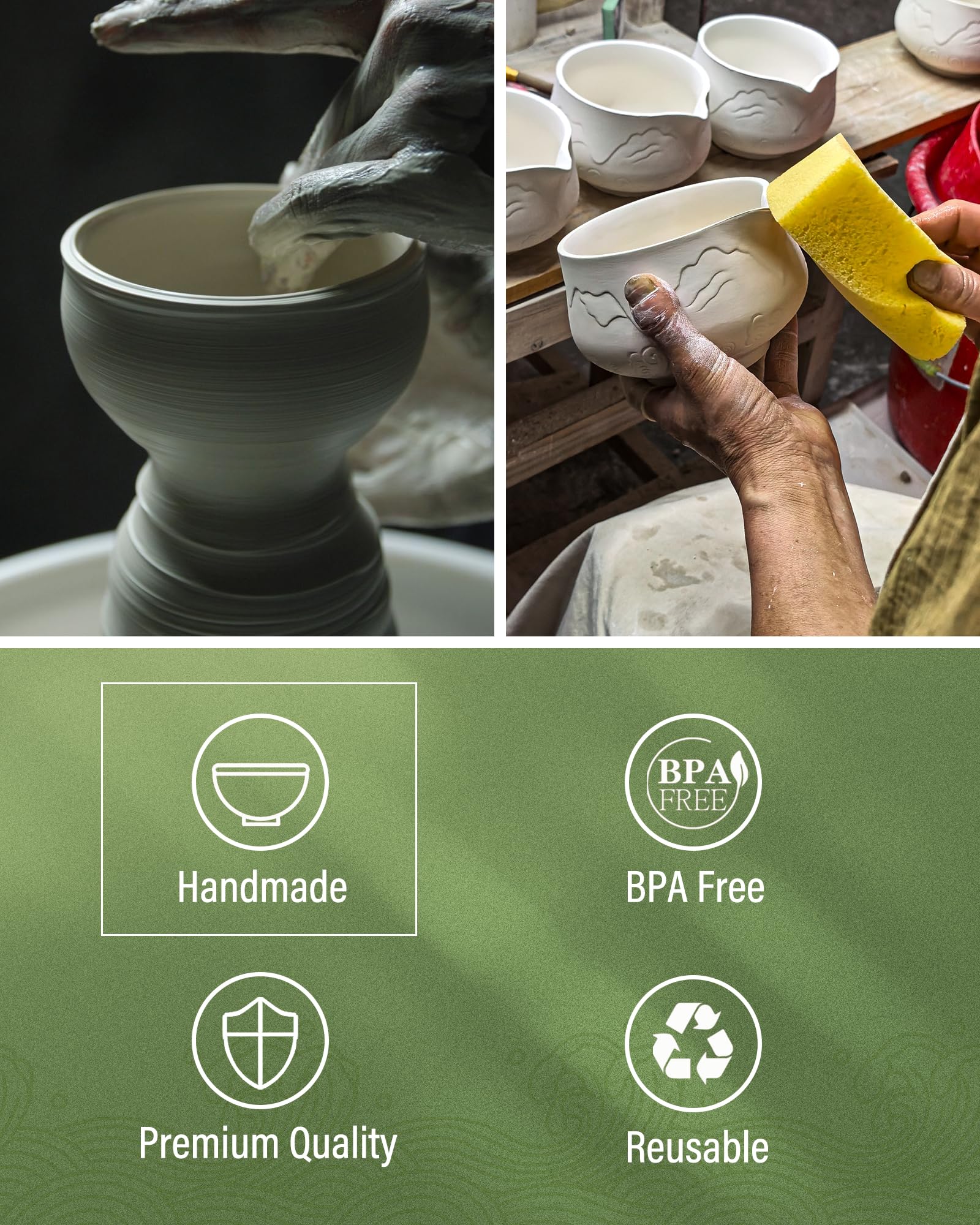 ZENS Juego de batidores de matcha, cuenco de cerámica para matcha de 17 onzas con boquilla y batidor de bambú, cuchara y paño de té, kit de 5 piezas para ceremonia de matcha, verde esmeralda