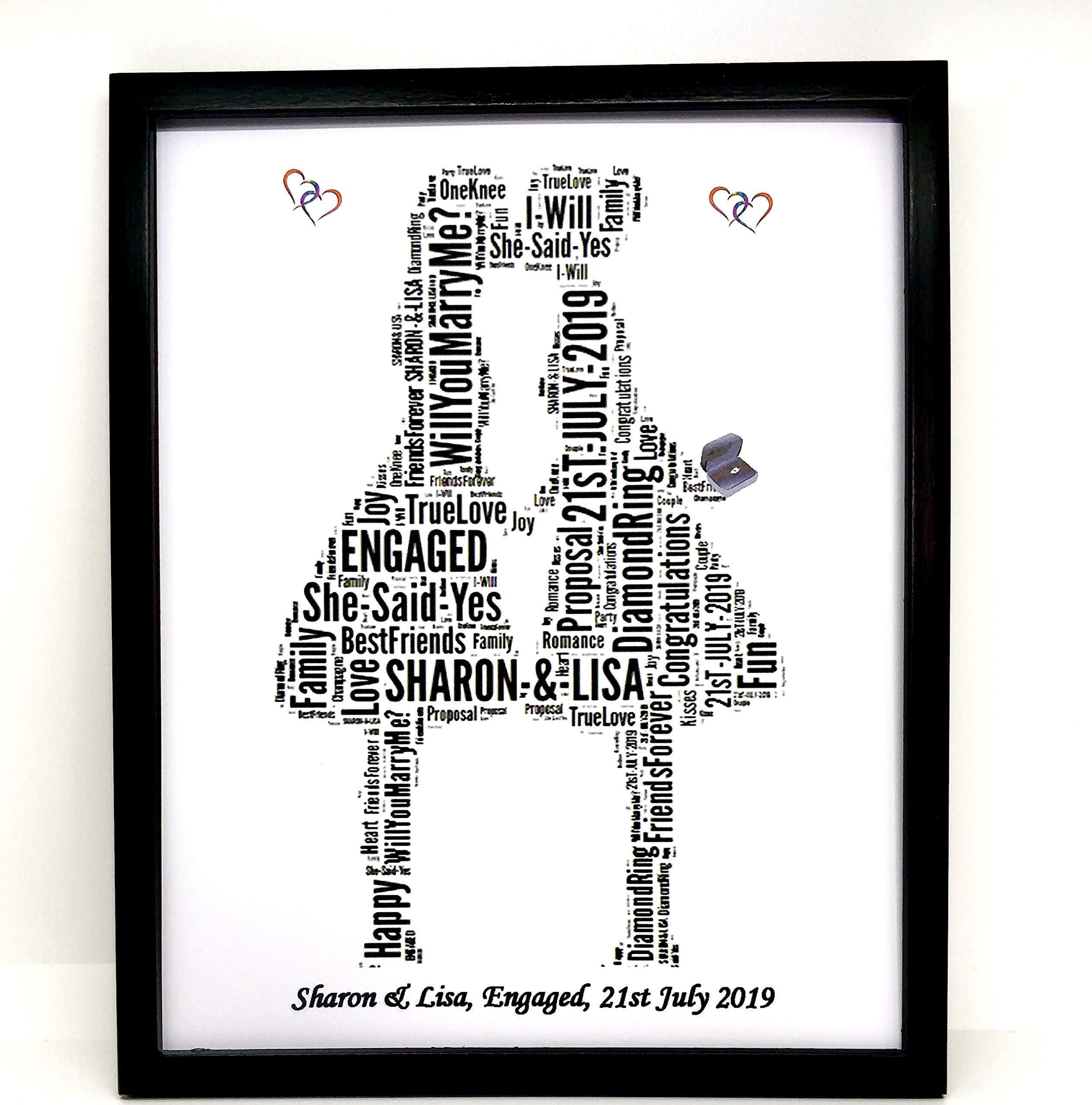 New Personalised Gay Female/Lesbian Engagement Word Art Design (A) PRINT ONLY Will Fit Any 8"x10" Frame, Beautiful Unique Gift & Keepsake