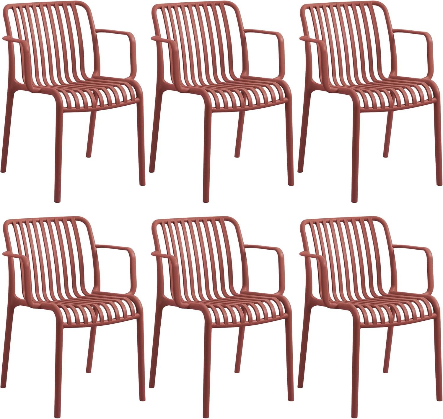 Modern Patio Dining Chairs Set of 6, Weather Resistant Stackable Plastic Outdoor Chairs with Armrest for Balcony Bistro Backyard Garden Poolside Kitchen, No Assembly, Red