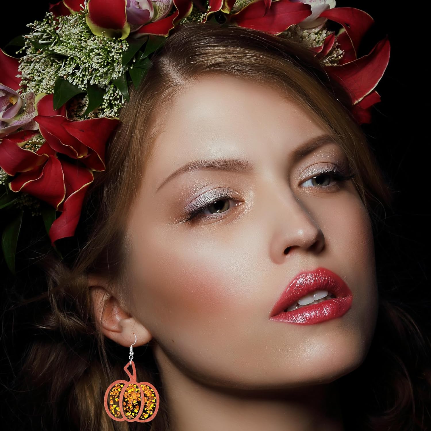 Pumpkin Earrings for Women Pumpkin Wooden Dangle Earrings Glitter Pumpkin Drop Earrings Fall Earrings Thanksgiving Halloween Holiday Jewelry for Women - Image 4