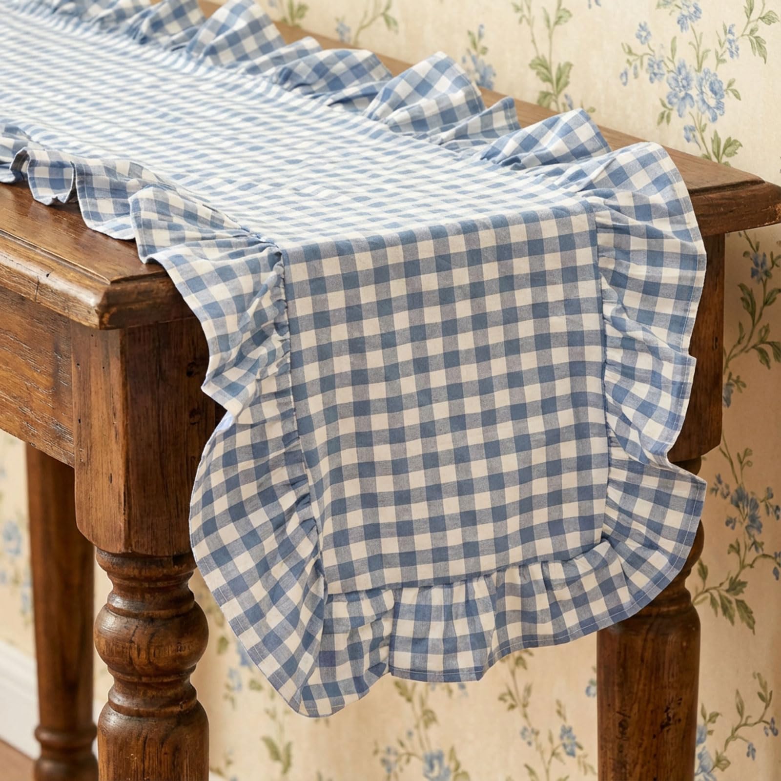 Photo 1 of HunnmingRe 1 Pcs Blue Plaid Gingham Ruffle Table Runner 118 x 13.8'' Farmhouse Table Runner 100% Cotton Scalloped Long Dresser Scarves for Dining Room, Wedding, Kitchen Rustic Home Decor
