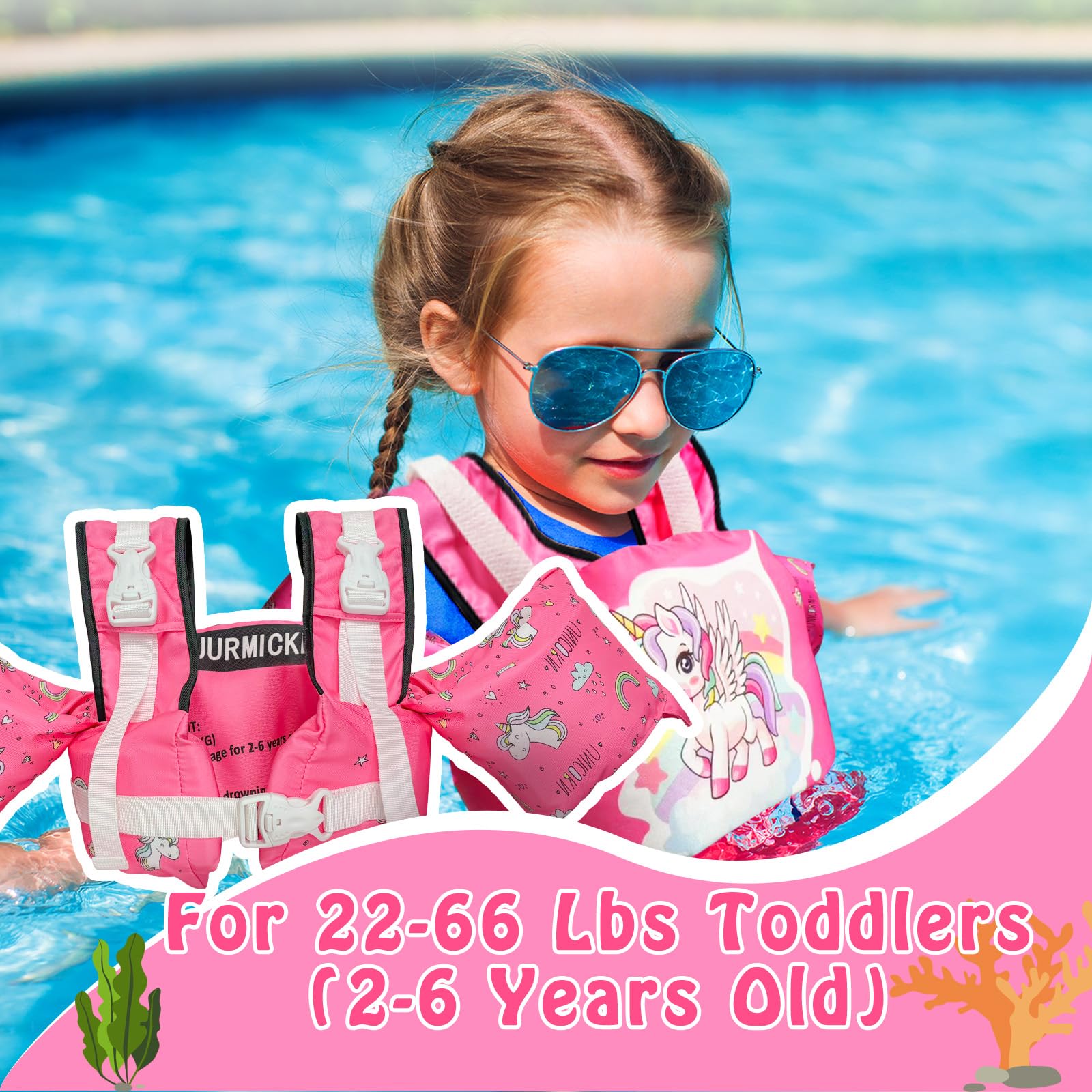Toddler Swim Vest, Kids Floaties for 20-30-50-66 Pounds Boys & Girls, Pool Jumper Floats with Water Wings for 2-6Years Old Toddlers